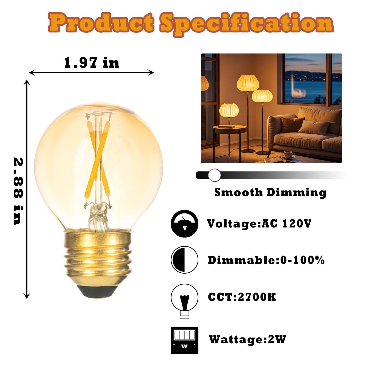 Flmamt G16.5 Led Light Bulb, Dimmable 2W 2700K Warm White Light, E26 Candelabra Light Bulb For Chandeliers,Ceiling Fan,Vanity, 3