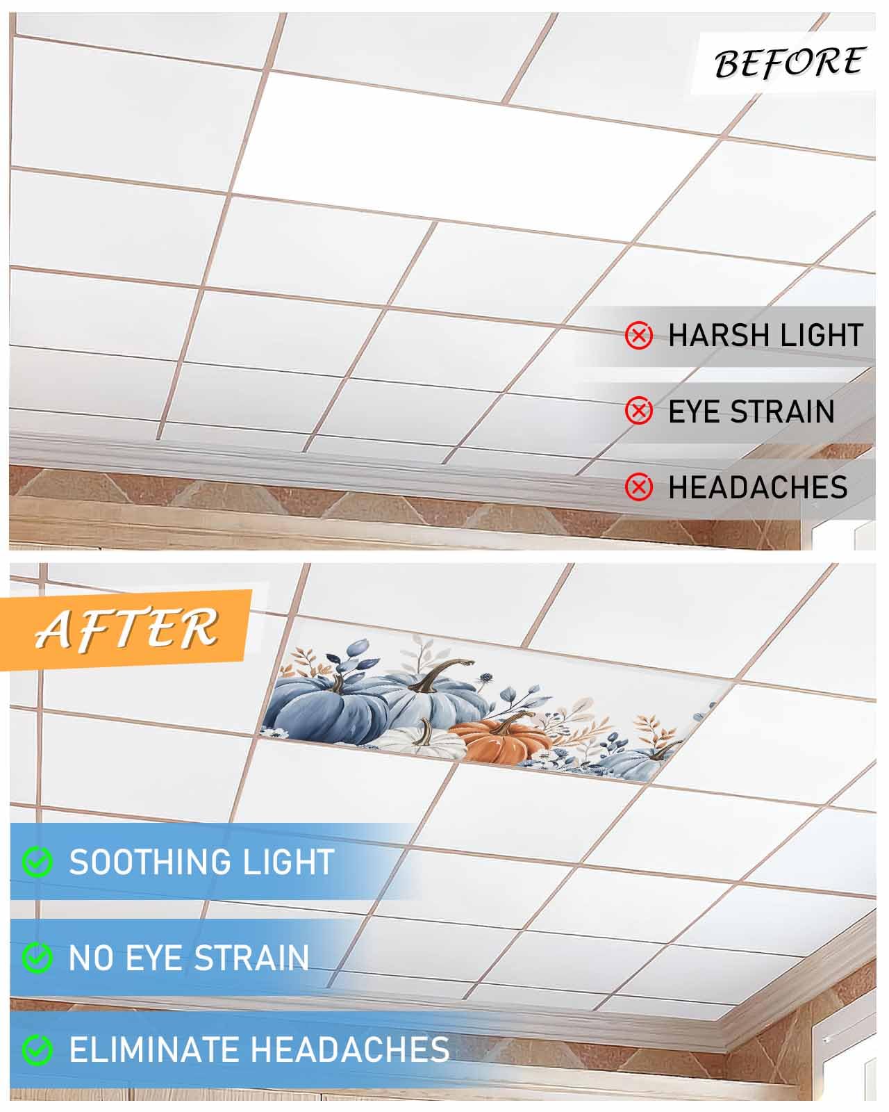 Fall Fluorescent Light Covers For Ceiling Lights Blue White Pumpkin Magnetic Light Filters 2 Pack 4X2 Ft Autumn Eucalyptus Leaves Thanksgiving Ceiling Lights Cover For Classroom Office Drop Lamp