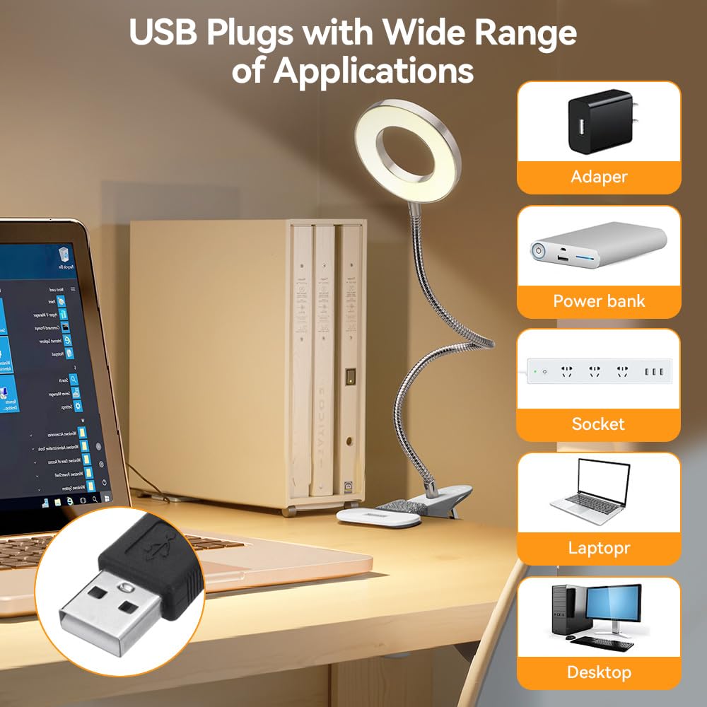 Skymore Clip on Light - 3 Color Modes, 10 Brightness Levels, Flexible Gooseneck, Metal, 6.02inx4.25inx3.15in, Silver,