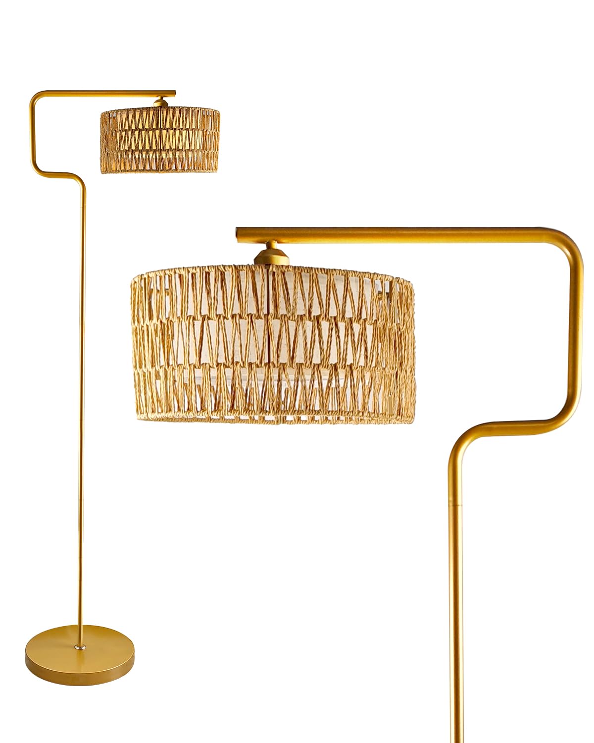 Lightdot Rattan Floor Lamp, Boho Arc Design, Metal & Linen Shades, Gold Color, Model LFLL-M-97A