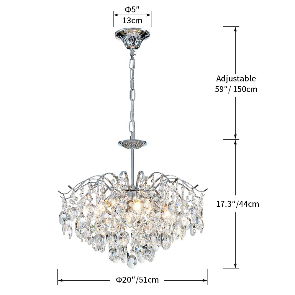 SM Saint Mossi Modern K9 Crystal Chandelier, 6-Lights, Chrome Finish, D20 x H17, Adjustable Chains, Model 22027