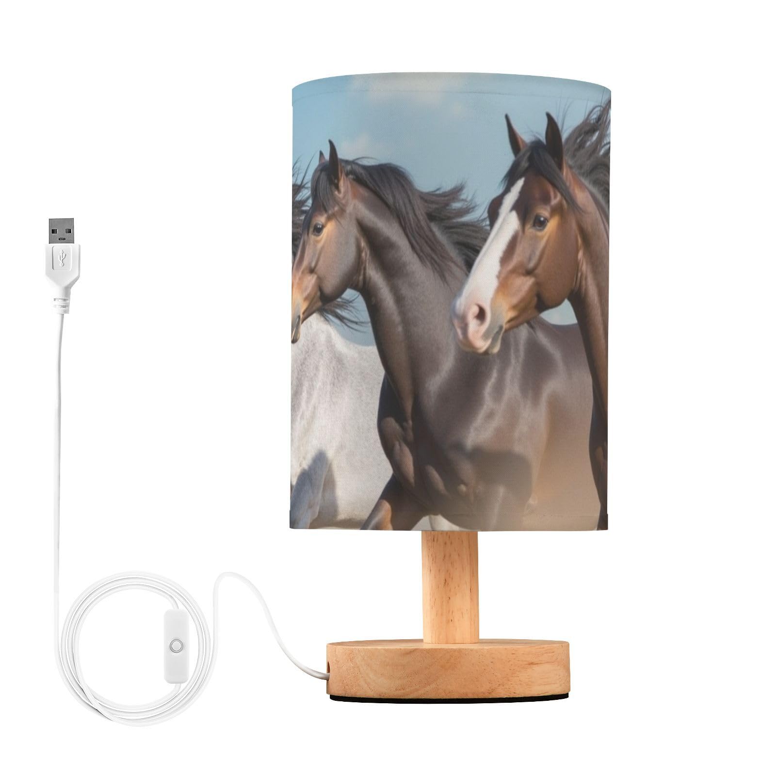 BOENLE Bedside Lamp Horses Table Lamp for Bedroom LED Nightstand Lamp Shade USB Ports Wood Base for Living Room Dorm Office