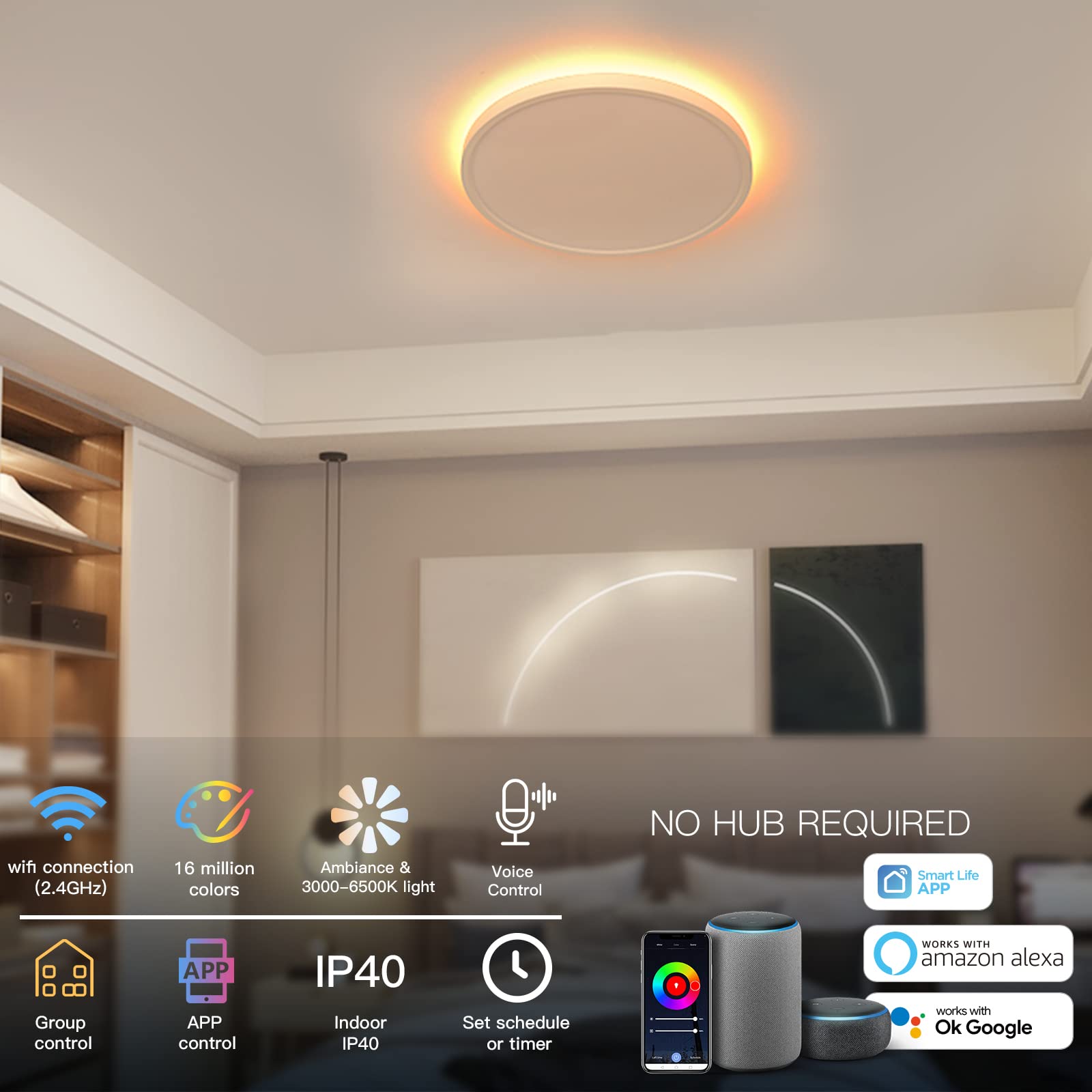 Taloya Compatible With Alexa Flush Mount Ceiling Light, 12 Inch Rgb Ambient Light, Day Light 3000K~6500K Adjustable By App, Equi
