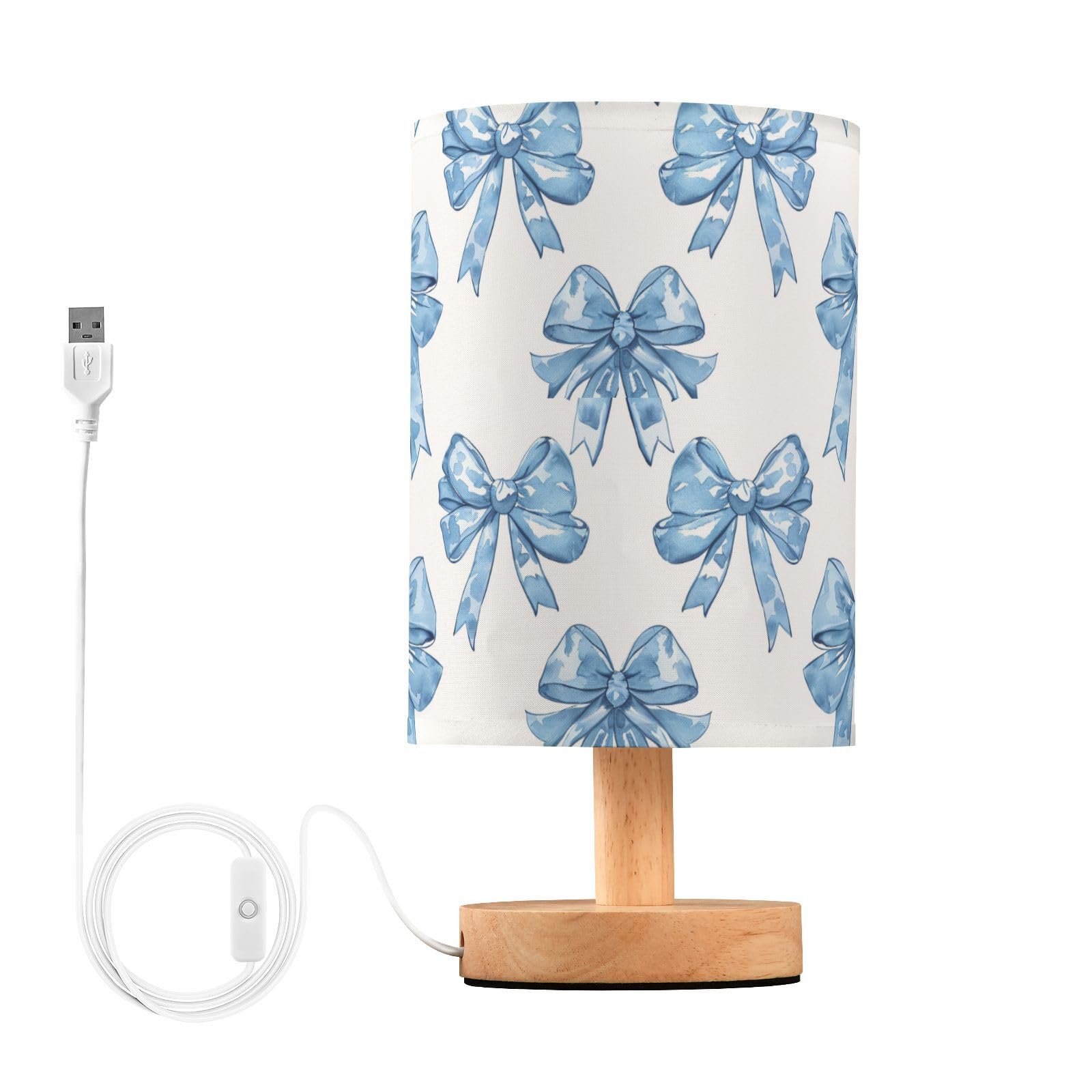 Oarencol Bedside Table Lamp Blue Bows Printed Nightstand Lamp with Wood Desk Lamps for Bedroom Living Room Nursery Office Home D