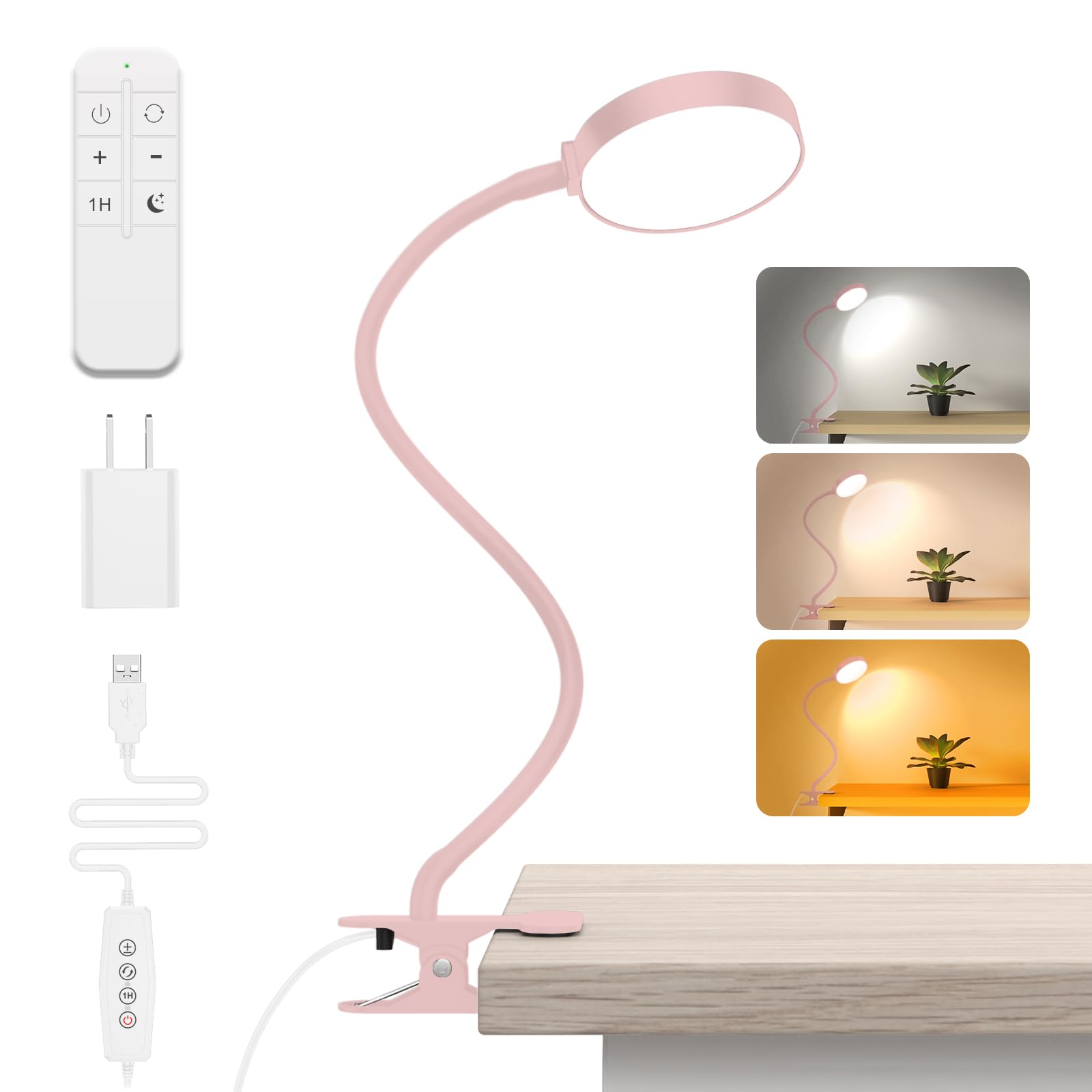 iFalarila LED Desk Lamp with Remote, Dimmable Gooseneck, 3.5in  Pink, Model TBL236RF-BK-US, Clip-on with Timer & Nightlight