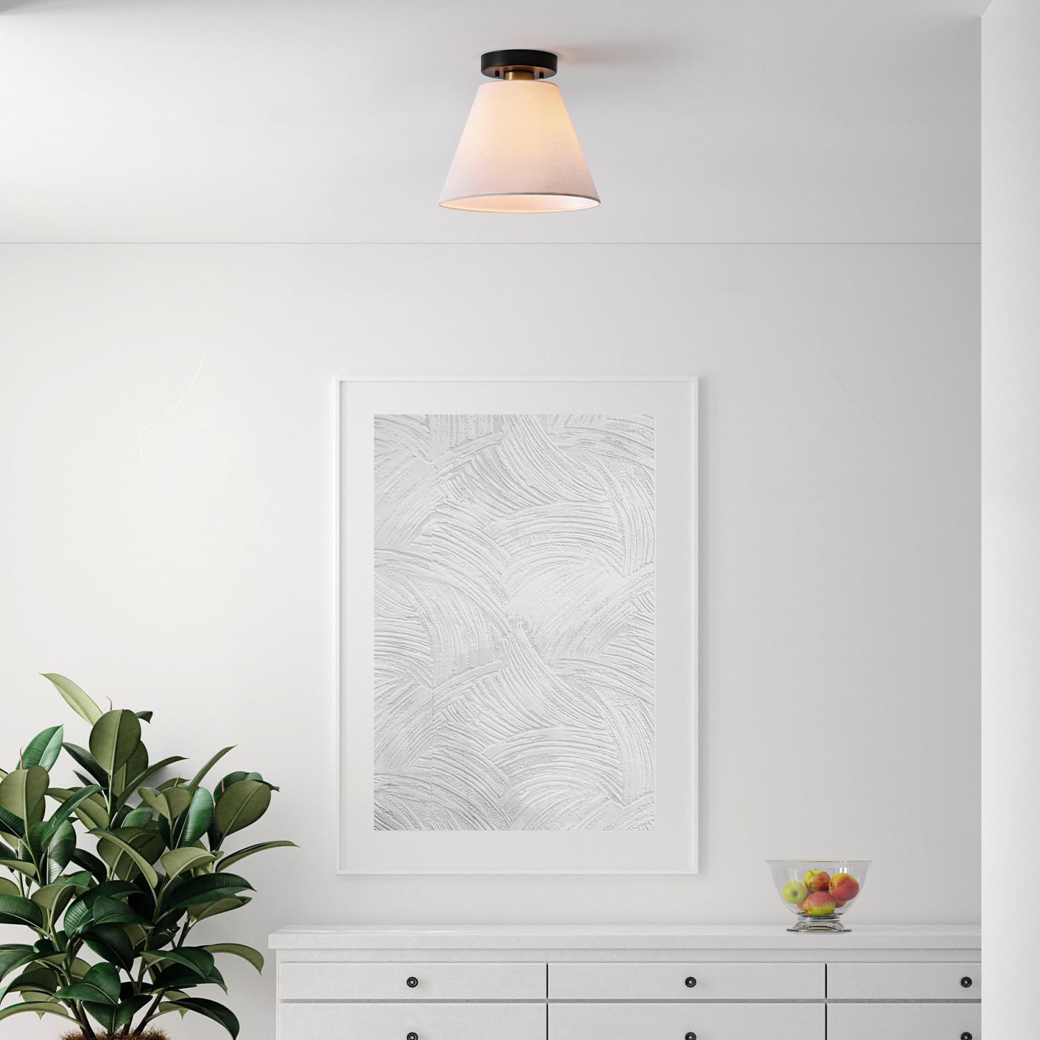 Globe Electric 66000137 1-Light Semi-Flush Mount Ceiling Light, Matte Black, Matte Brass Accent, White Linen Shade, Home Improve