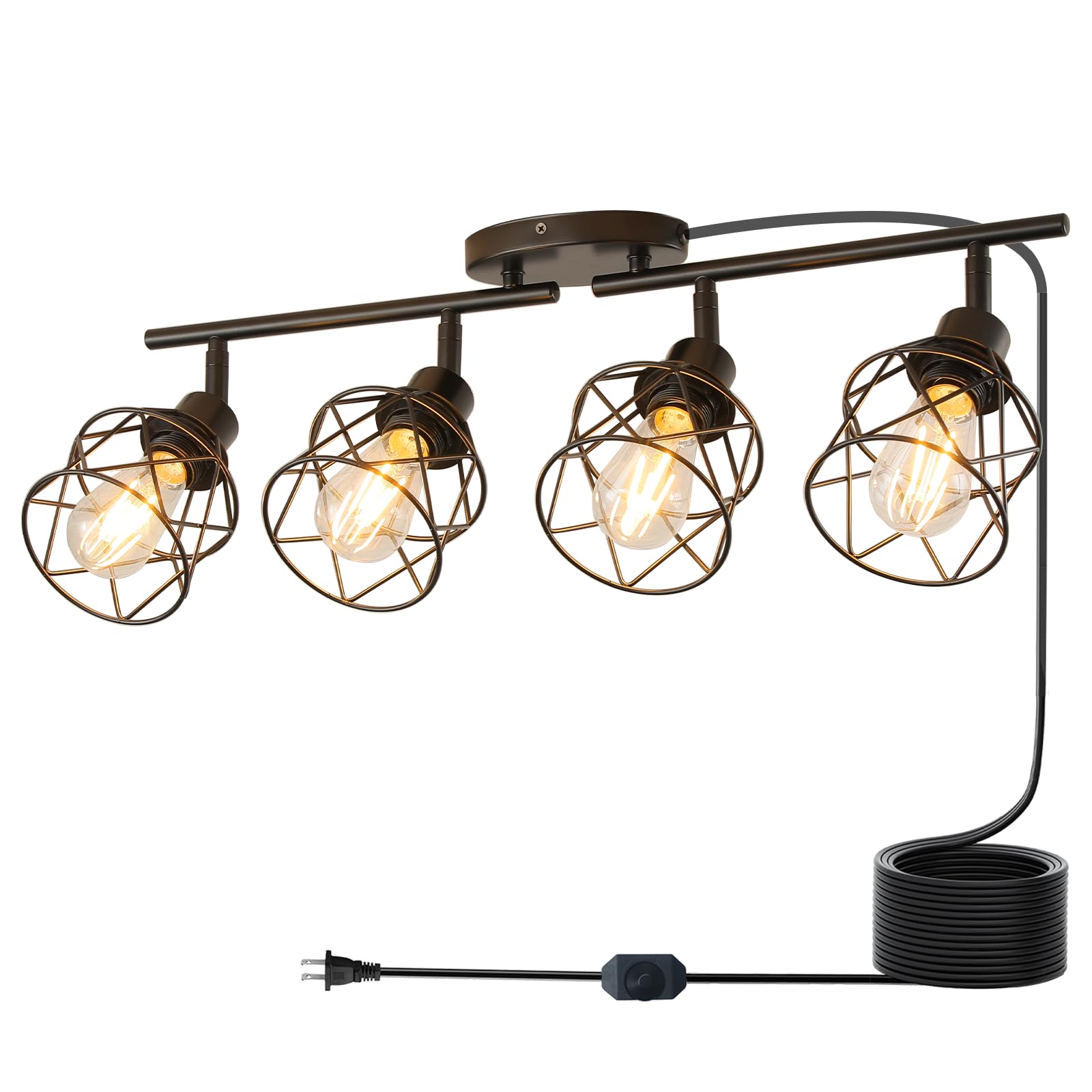 Vivihobb Dimmable 4 Light Plug In Ceiling Light Black Plug In Track Lighting Kit With 16.5 Cord Flexibly Rotatable Light Head Modern Industrial Farmhouse Style(Bulbs Not Included)