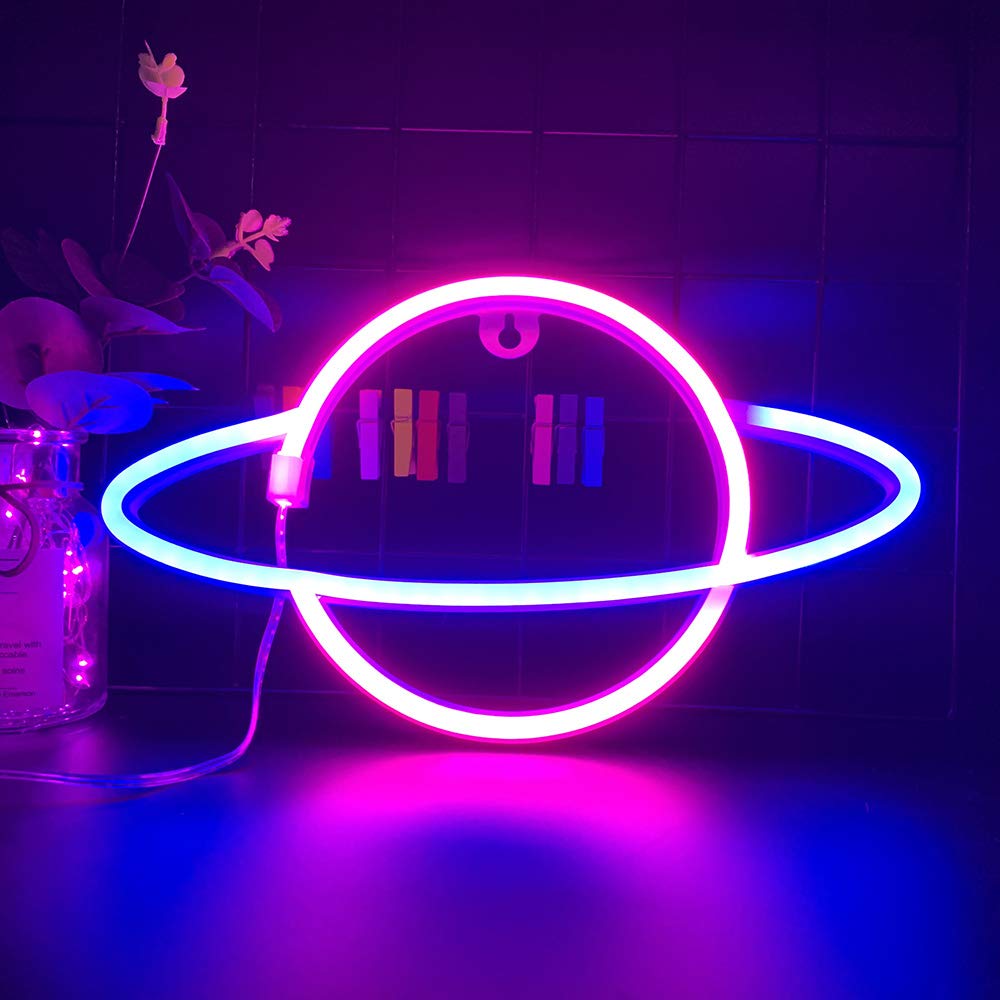Blue Pink Color Galaxy Planet Neon Sign Light Glow in The Dark Ceiling Hanging Home Wall Party Decor,LED Hang Planets Neon Sign 