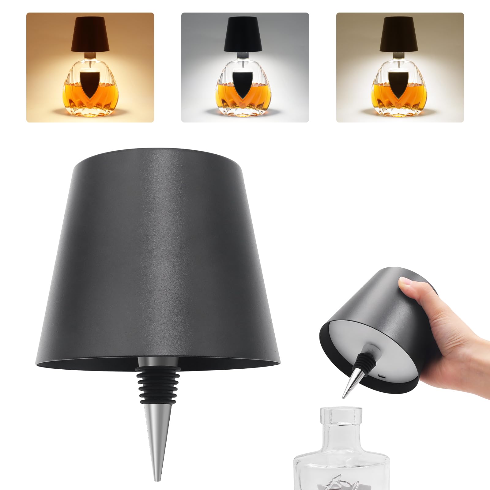 Wireless Bottle Lamp, Adjustable Brightness 3 Color Wine Bottle Light with 2500 mAh Battery, Touch Control Rechargeable Metal Waterproof Table Lamp for Dining Room/Bedroom/Bar, Black