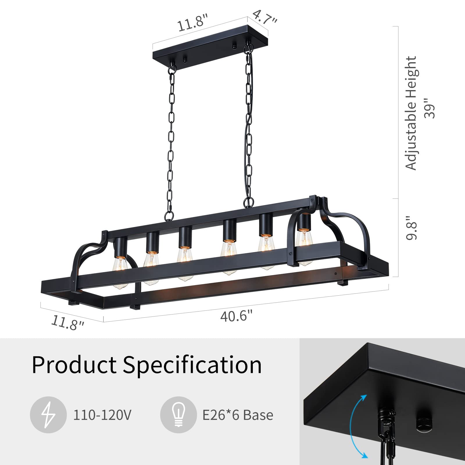 WUZUPS 6-Light Metal Chandelier Pendant Lighting - Rustic Black Farmhouse Fixture for Kitchen Island, H 9.8" L 40.6" W 11.8"