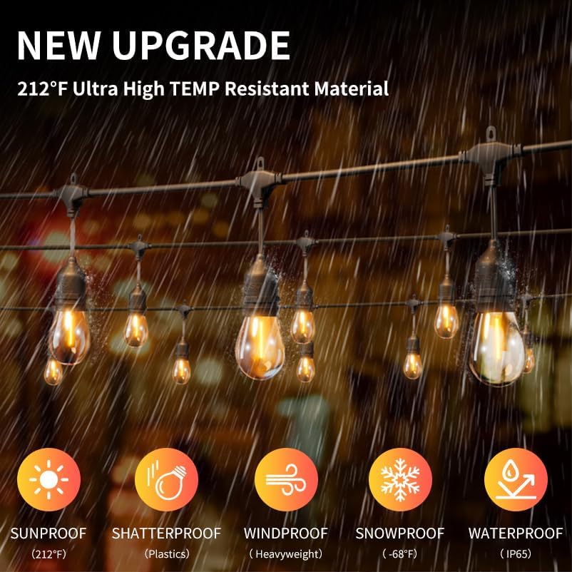 EIKOSON 100FT LED Outdoor String Lights, 64 Waterproof Bulbs, Remote & Dimmer, Black, Commercial Grade, Model EIK-96FT-64
