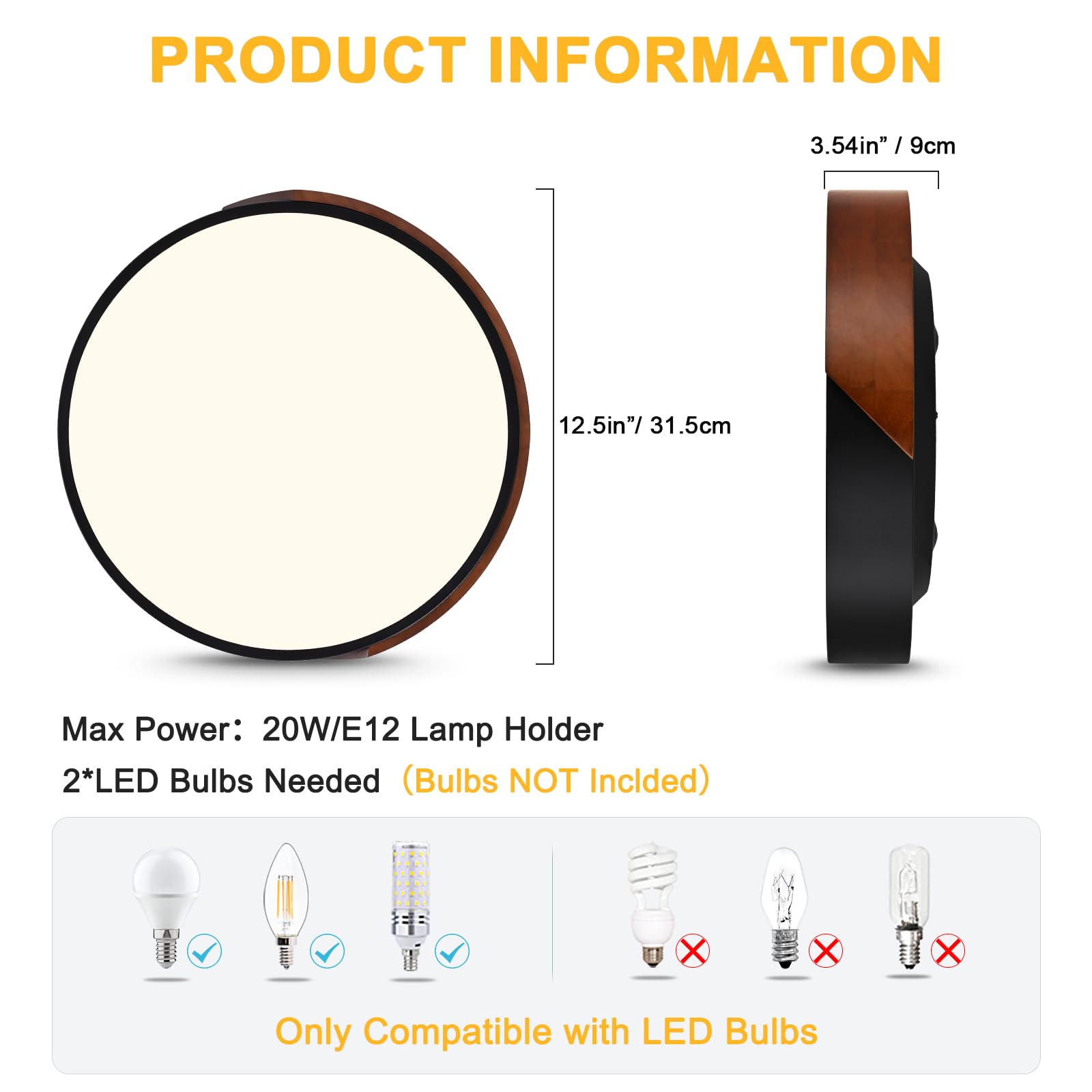 Yumpaug Modern Black Flush Mount Ceiling Light, 2-Light Mid-Century Ceiling Light Fixture, Minimalistic Wood Round Lighting Fixt