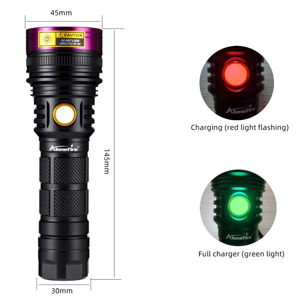 ALONEFIRE SV18 UV Flashlight 12W 365nm USB C Rechargeable Black, Aluminum, for Pet Urine Detection, Fishing, Scorpion, Bed Bug