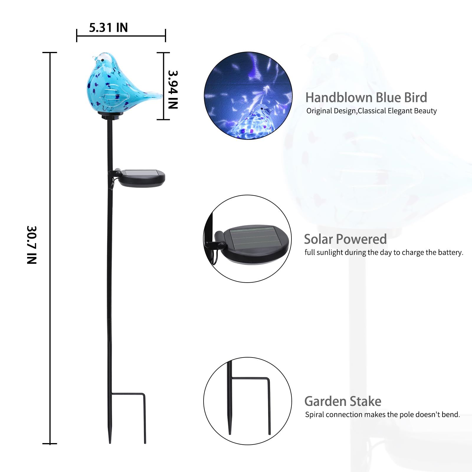 Bshine Solar Garden Bluebird Lights, Hand Blown Glass, Waterproof Stake Decor, Outdoor Decor for Paths, Lawns, Model 5003930