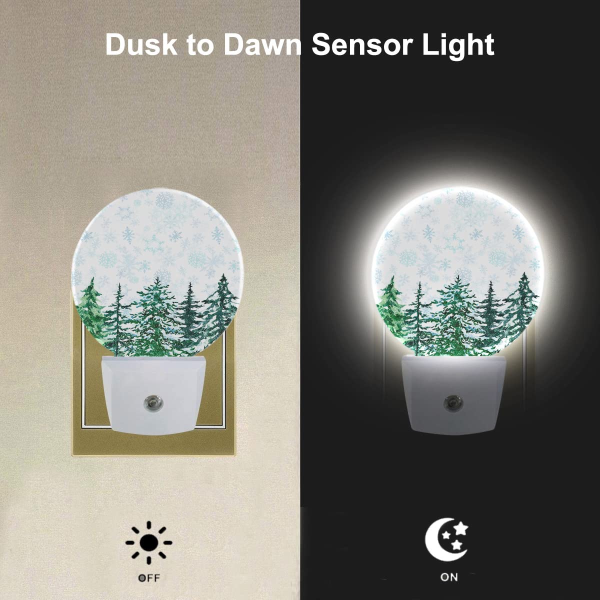 Ekobla Winter Pine Trees Woodland Night Light Snow Falling Snowflakes Green Woods Night Lamp Auto Sensor Led For Men Women Boys