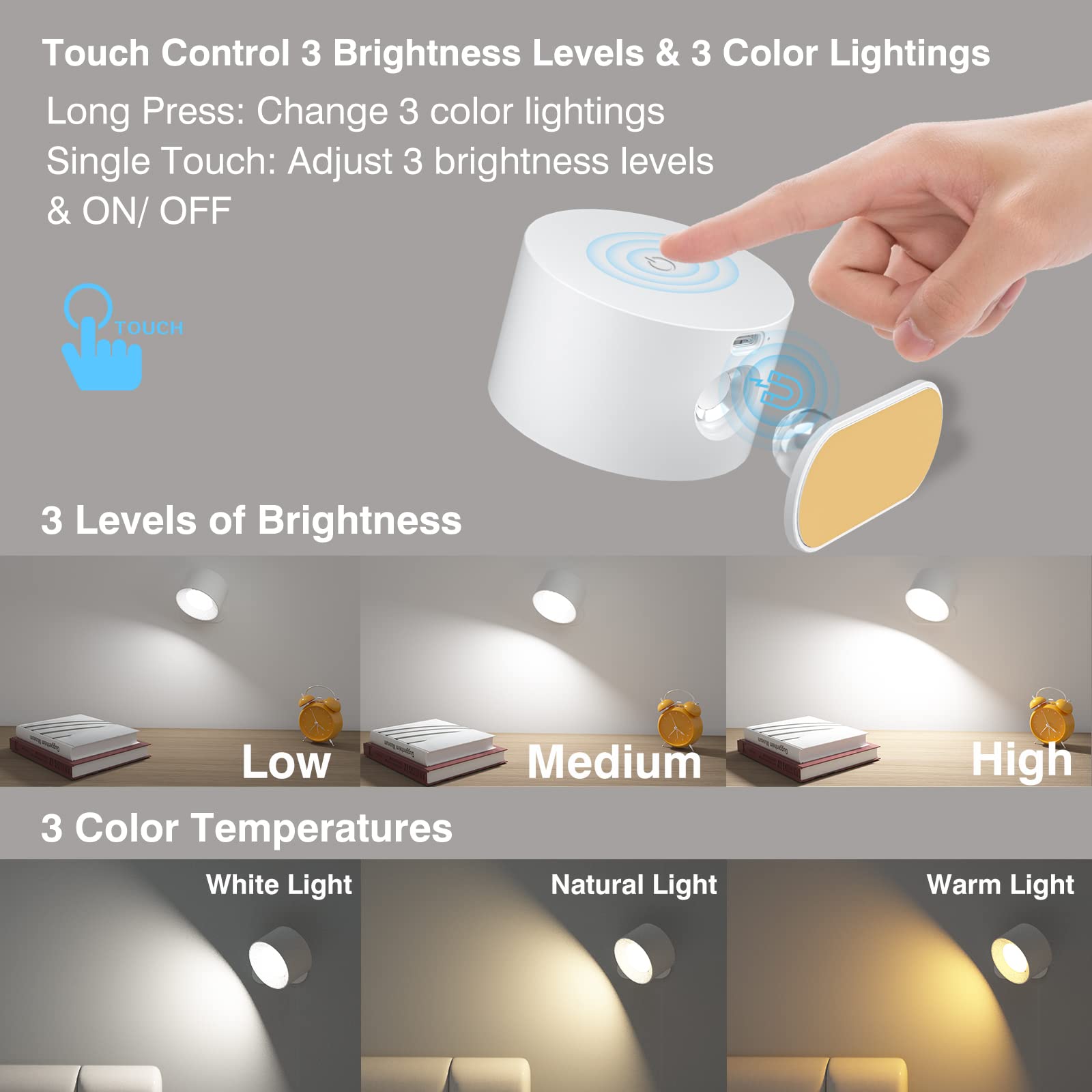 AKSDA LED Wall Light, 360° Adjustable, Touch Control, 3 Color Modes, Battery Operated, White, Model DS126PRO-BS-W