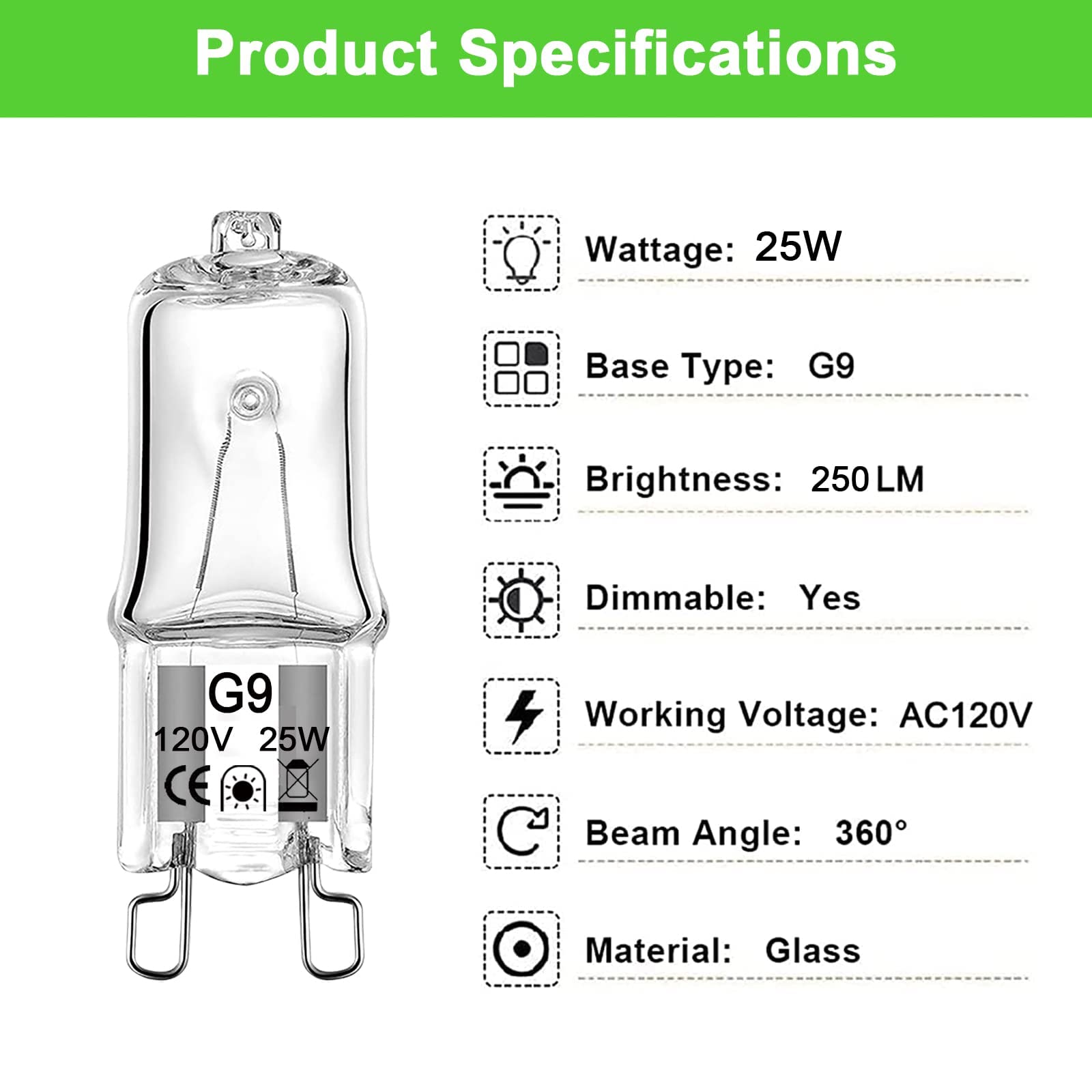 Gaormii G9 Halogen Light Bulbs 25W 12 Pack 2 Pin Base 120V Glass Warm White 2700K Dimmable