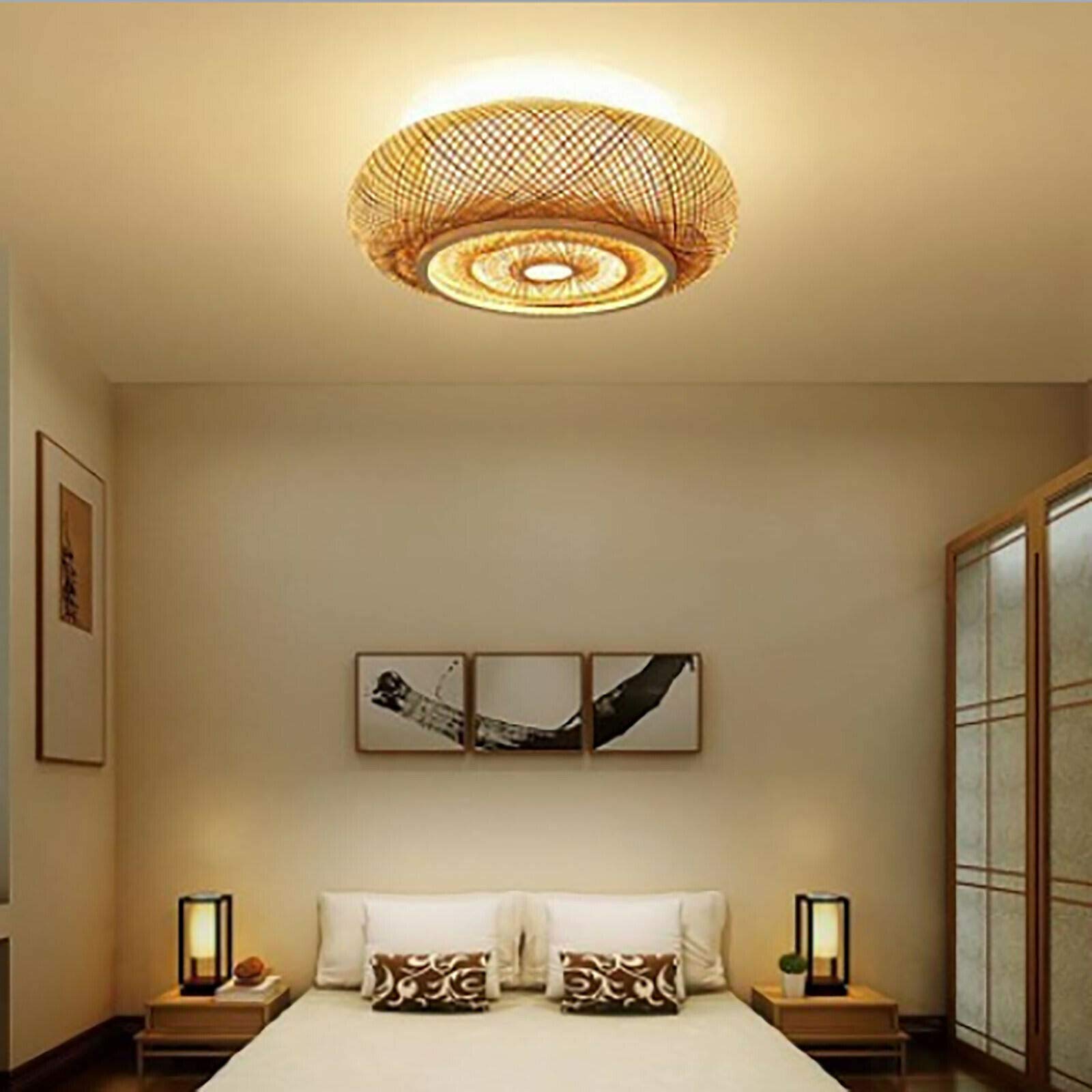 20'' Flush Mount Ceiling Light Fixture Boho Rattan Ceiling Light Fixture, Hand-Woven Shade Bamboo Woven Wicker Light Fixture Dru