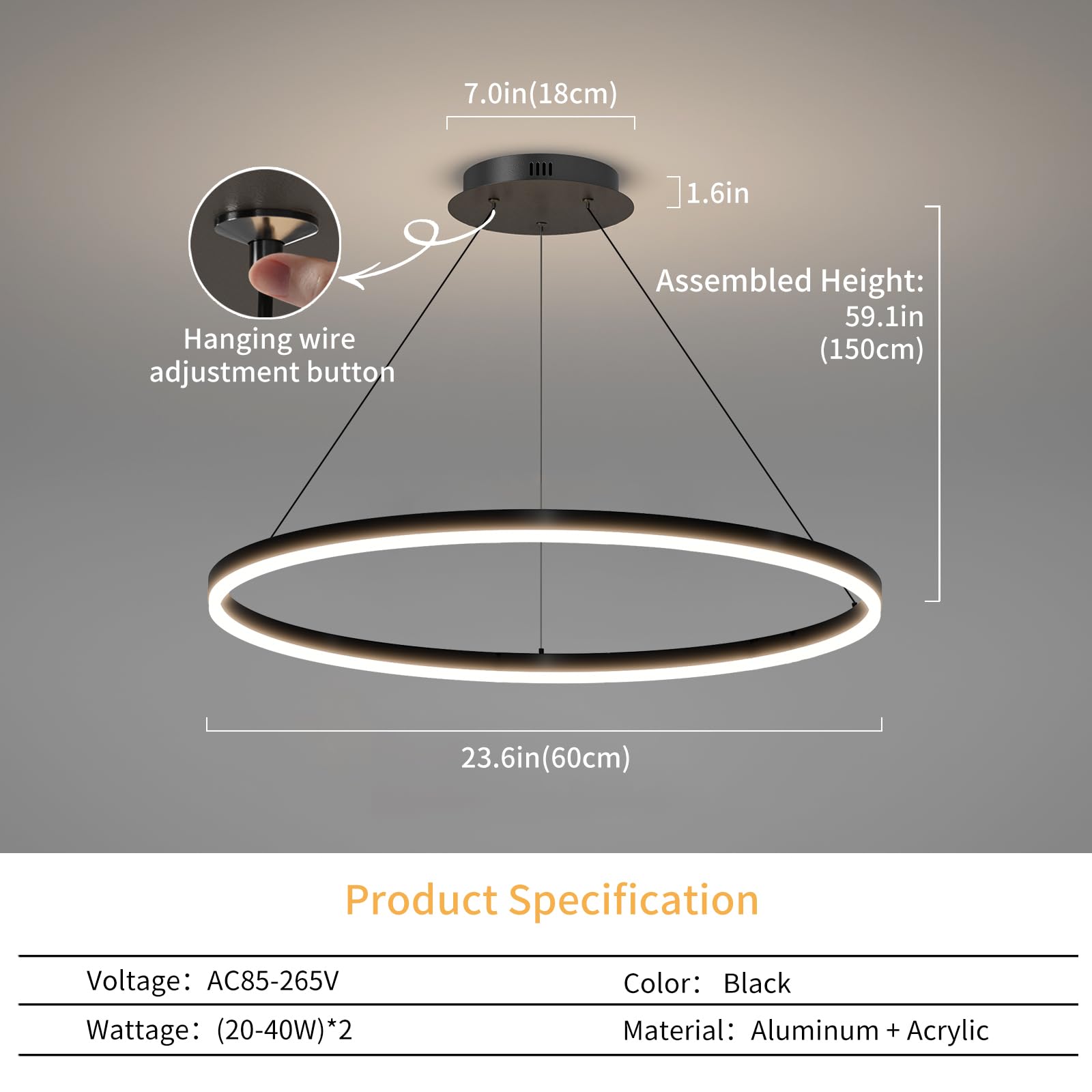 Mikeru Modern Led Chandelier Light  Ceiling Pendant Light Fixtures With Remote Control 3000K-6500K Adjustable Color Temperature Light For Living Room  Bedroom  Kitchen (23.6In
