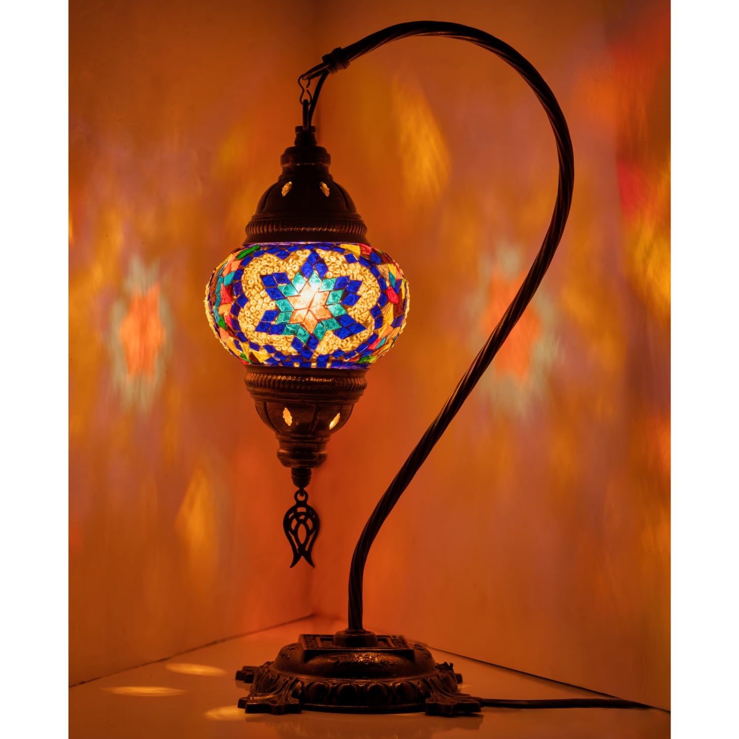 Kafthan Turkish Mosaic Lamp – Handmade Glass Bedside Lamp, Antique Brass Base, 16.14 inches, Red & Navy Center Star, Model ASNML50383