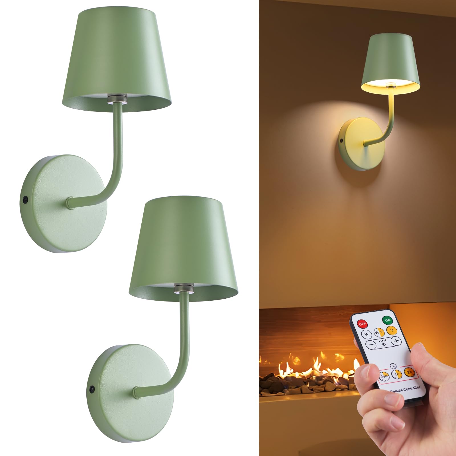 IMQSQIK LED Wall Lamp Set of 2, Rechargeable 5600mAh, Touch Control, Metal, Green-2Pack