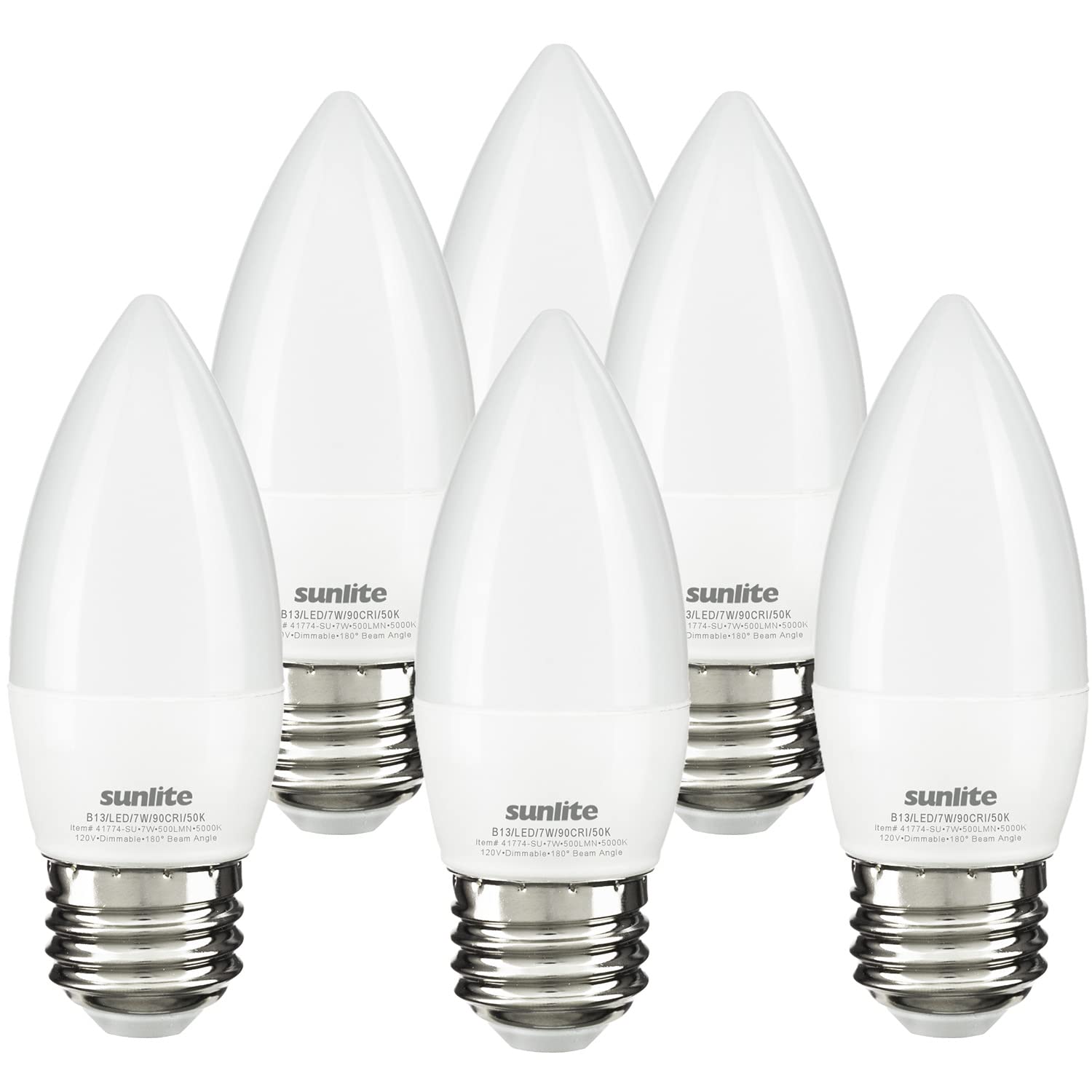Sunlite Led B13 Torpedo Decorative Chandelier Light Bulb, 7 Watts (60W=), 500 Lumens, 120 Volts, Dimmable, E26 Base, 90 Cri, Etl