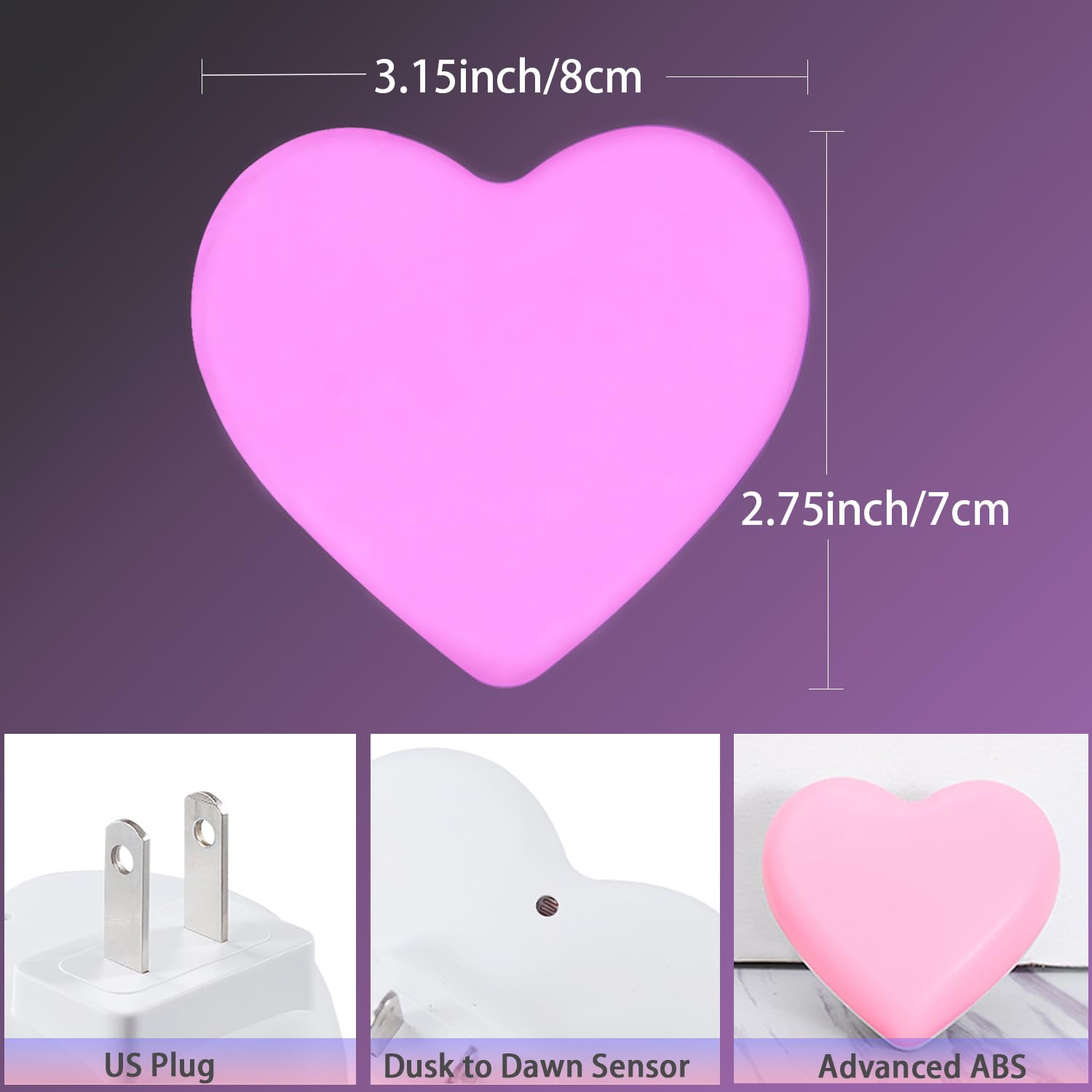 INZU LED Night Light for Kids, Auto Dusk to Dawn Sensor, 2Pack Pink, Acrylonitrile Butadiene Styrene, Model 0001