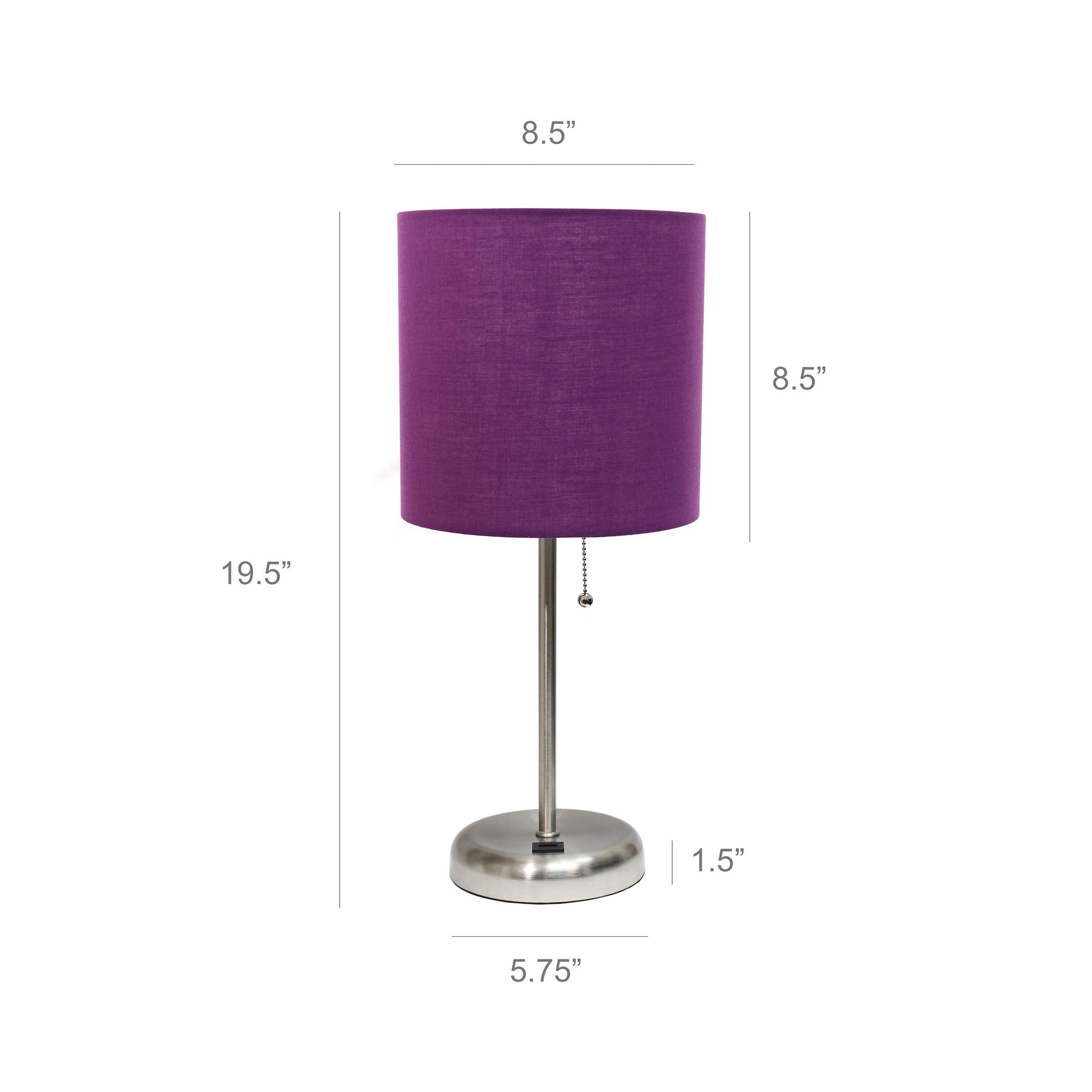 Simple Designs Lt2044-Prp Brushed Steel Stick Table Desk Lamp With Usb Charging Port And Drum Fabric Shade, Purple Shade