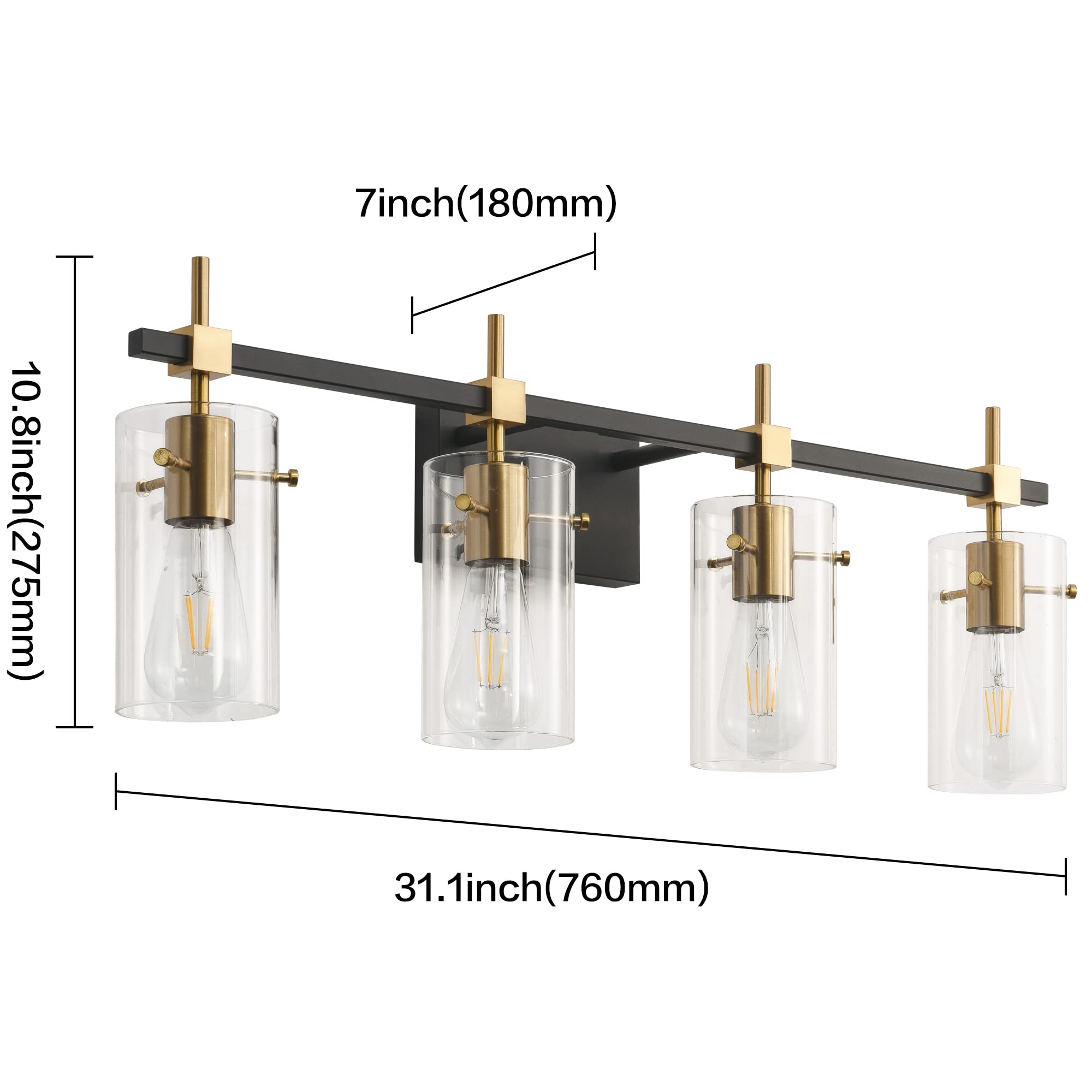 SOLFART Farmhouse Bronze Bathroom Vanity Light, 4 Lights, Glass Shade, Black & Golden, Model 7200-4, Vintage Wall Sconce