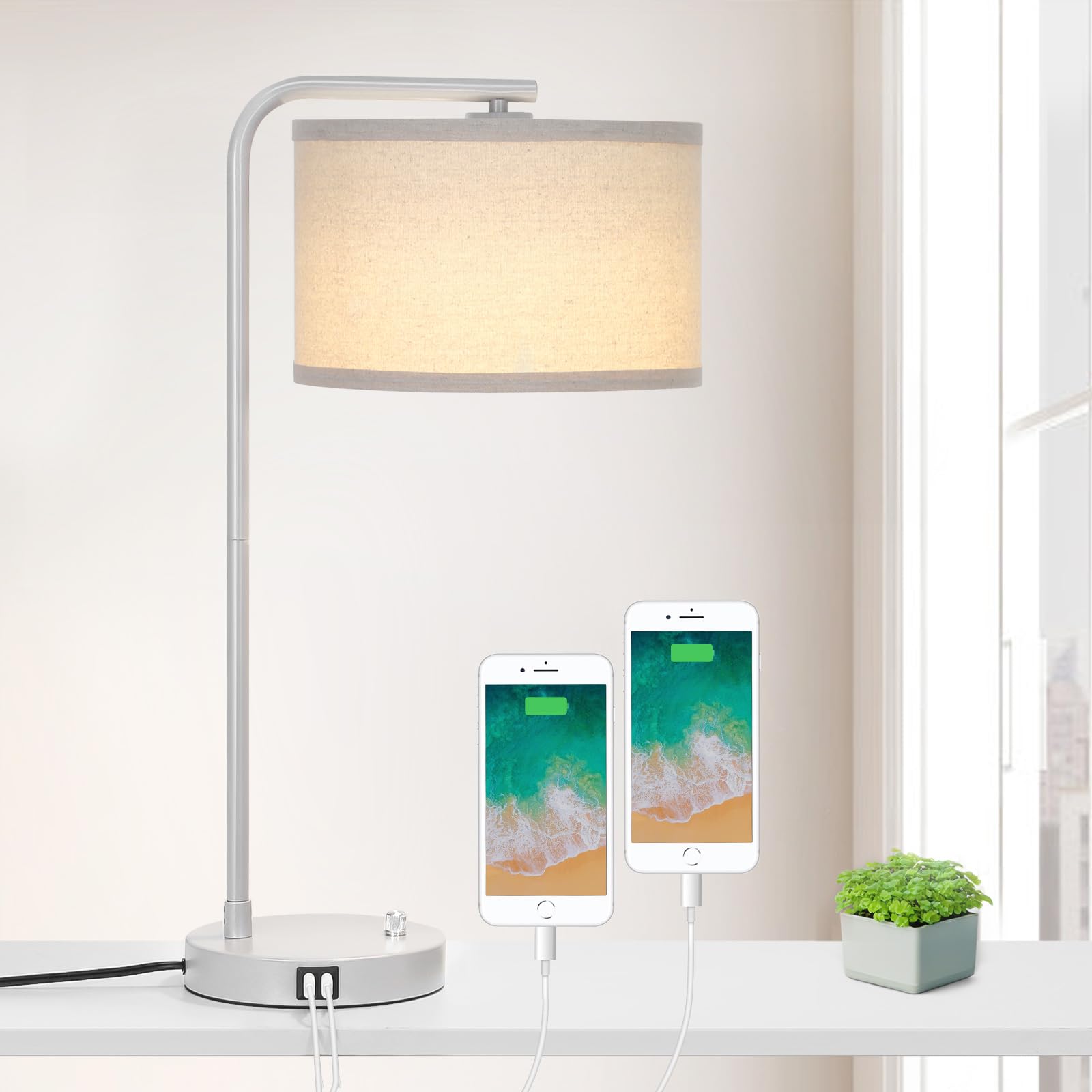 Table Lamp with USB Ports, Fully Dimmable Nightstand Lamp for Living Room, Modern Grey Bedside Lamp, Tall Table Lamp with Beige 