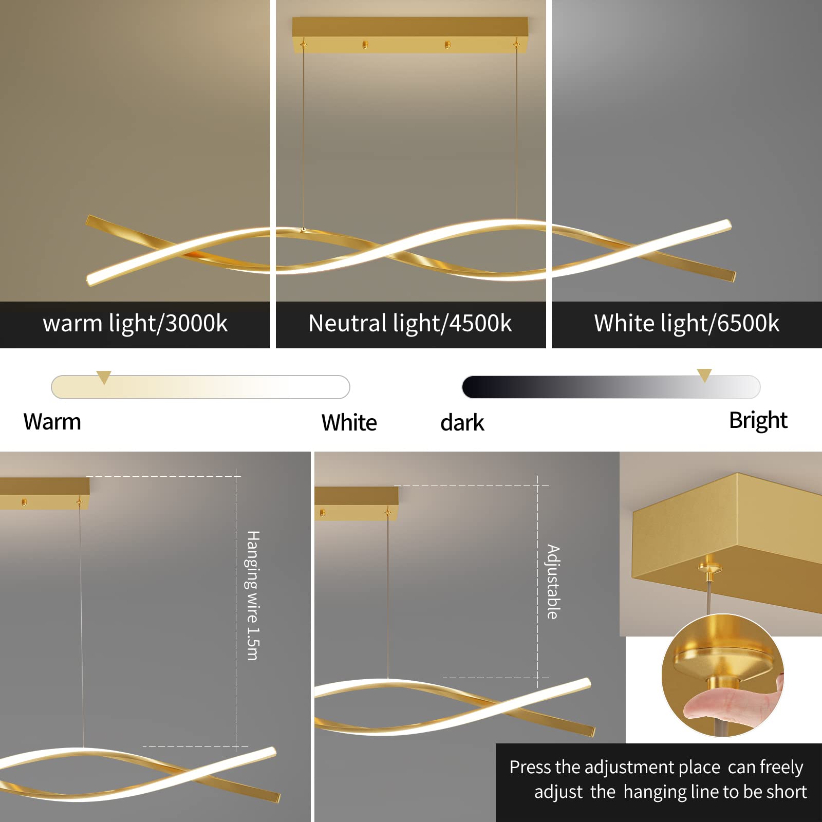 Matven Modern Ceiling Pendant Light, Dimmable 3 Color Modes, 47IN Aluminum, Gold, Model: Island Lights