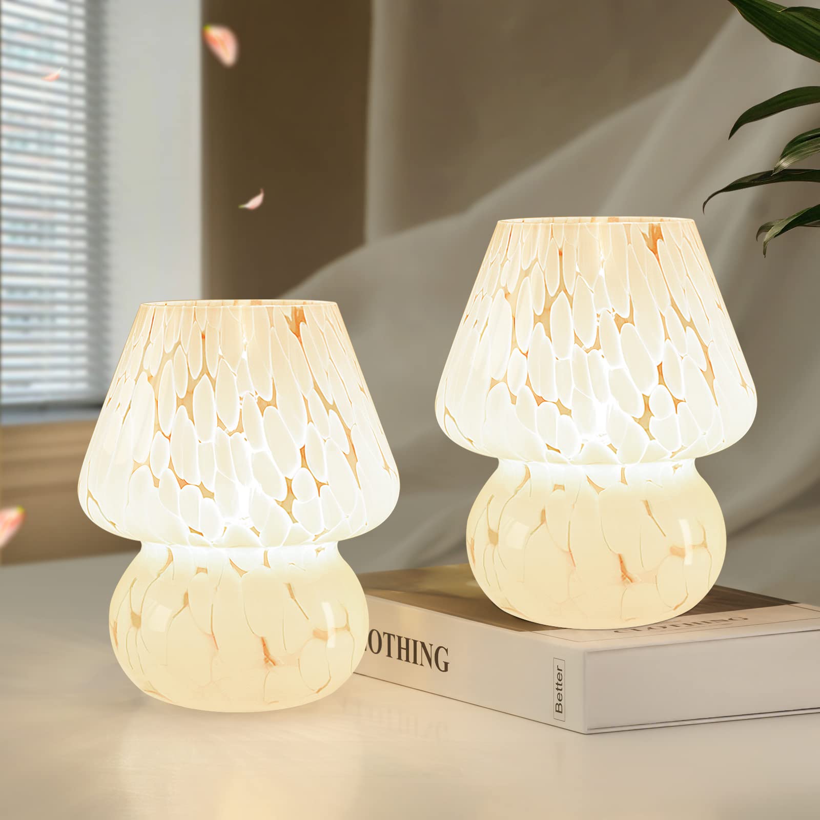 ONEWISH Cute Mushroom Lamp Small Bedside Table Lamp Set of 2 Stepless Dimmable, Translucent Glass White Nightstand Lamp for Bedr