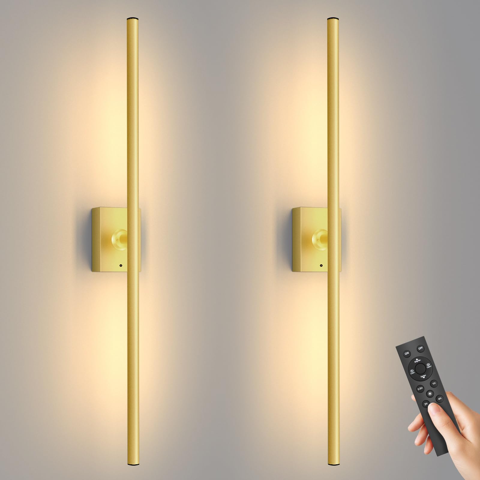 YINDUZ Gold Battery Operated Wall Sconce Set of 2, Dimmable, Remote Control, 31.5 Inch, Modern Design, Model DZG101