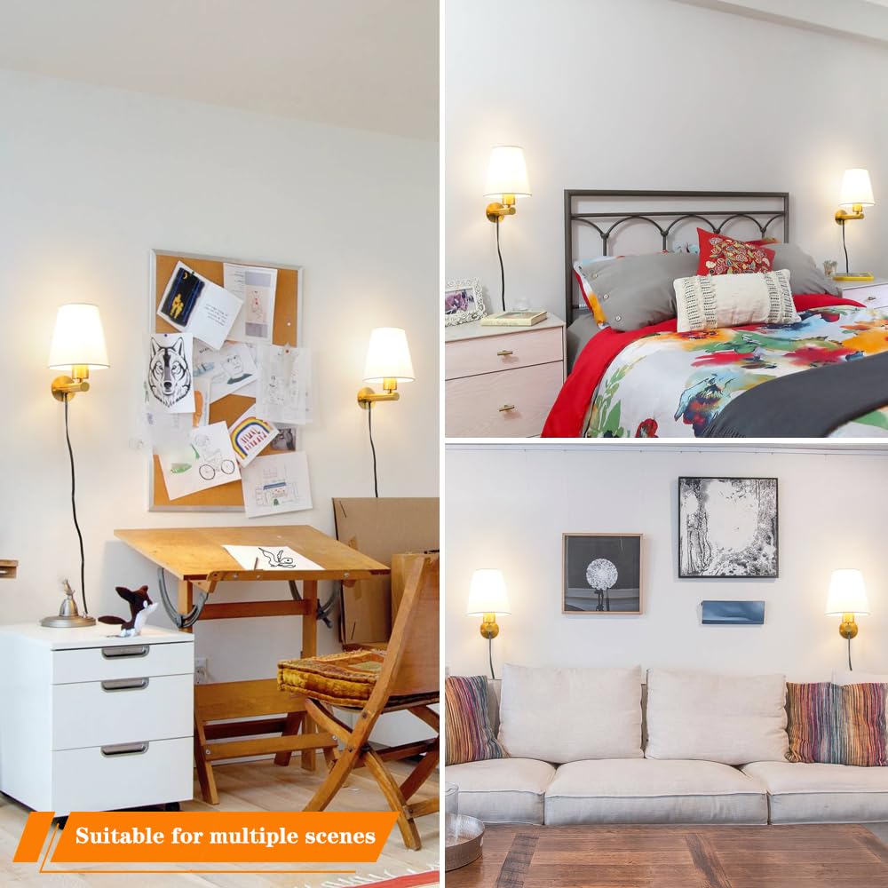 Gold Plug In Wall Sconces Set Of Two, Brass Wall Sconce Lights For Bedroom Plug In, Wall Lamp With On/Off Switch Cord, Bedside P