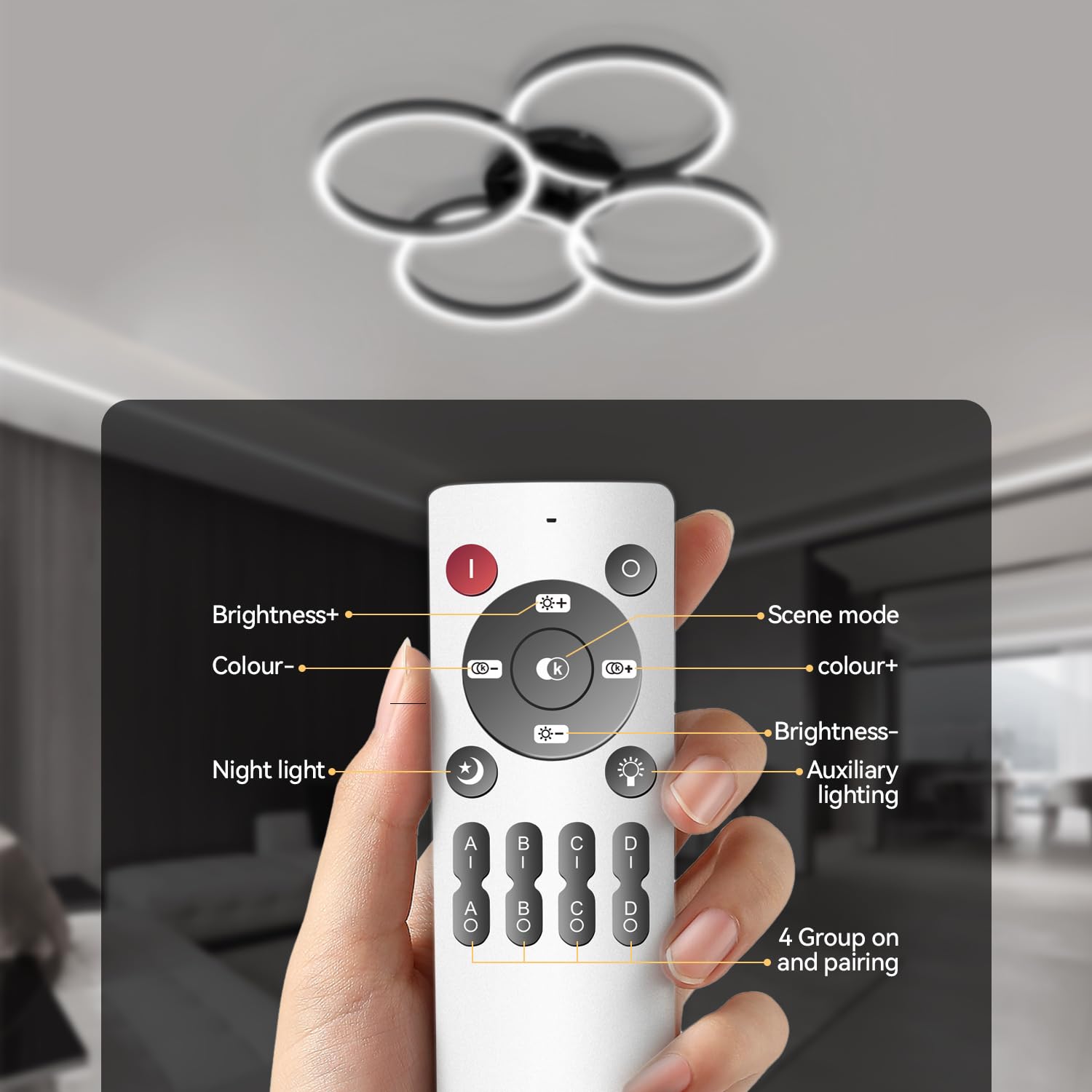 LOFIKEDI 30W LED Ceiling Light, 4 Ring Design, Dimmable 3500K-6500K, Flush Mount, Black, Model YF-LED2702-B