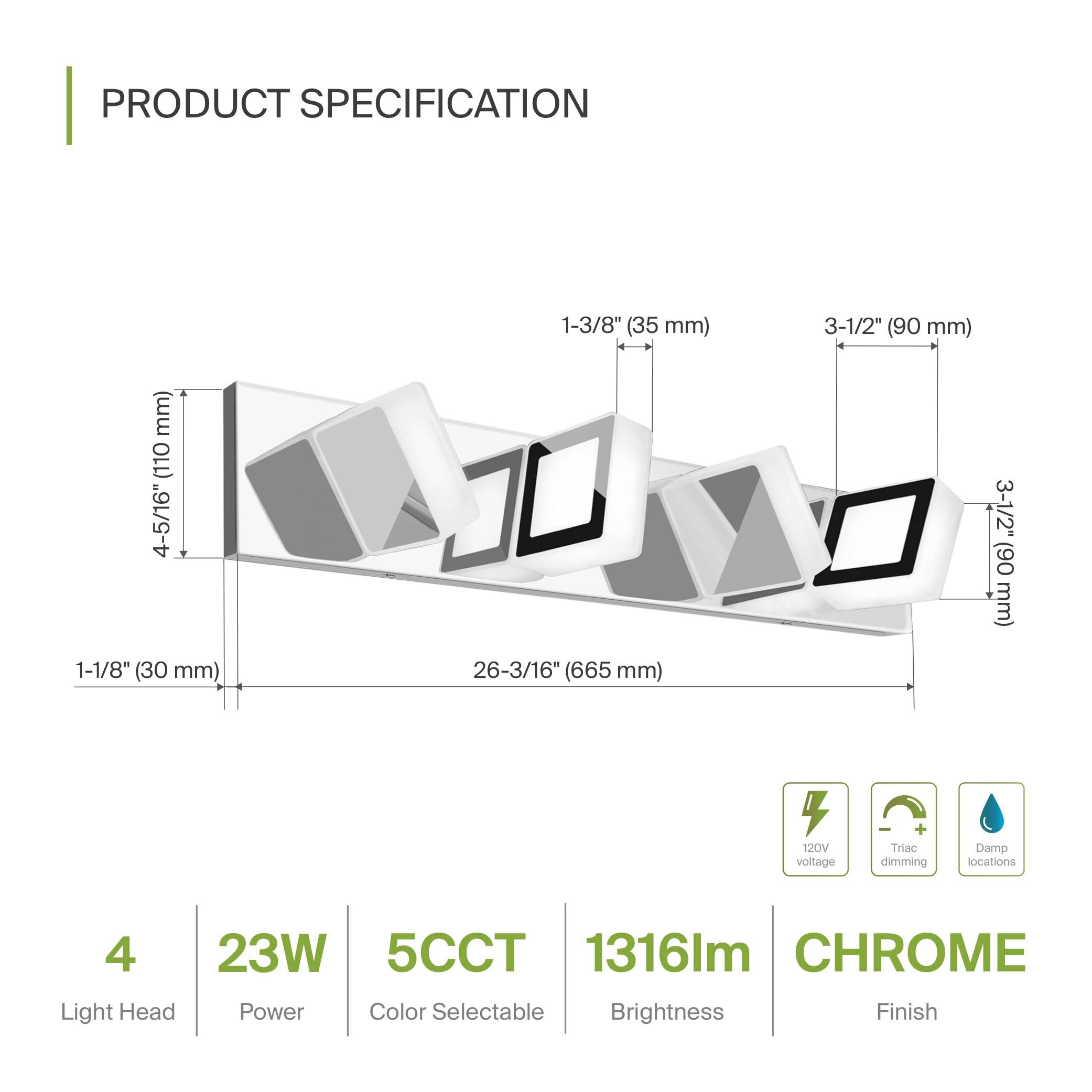 ASD LED Bathroom Vanity Light Fixture | 4-Lights 23W | Dimmable, Rotatable | Chrome | Model A-LVF25M-4D23CH