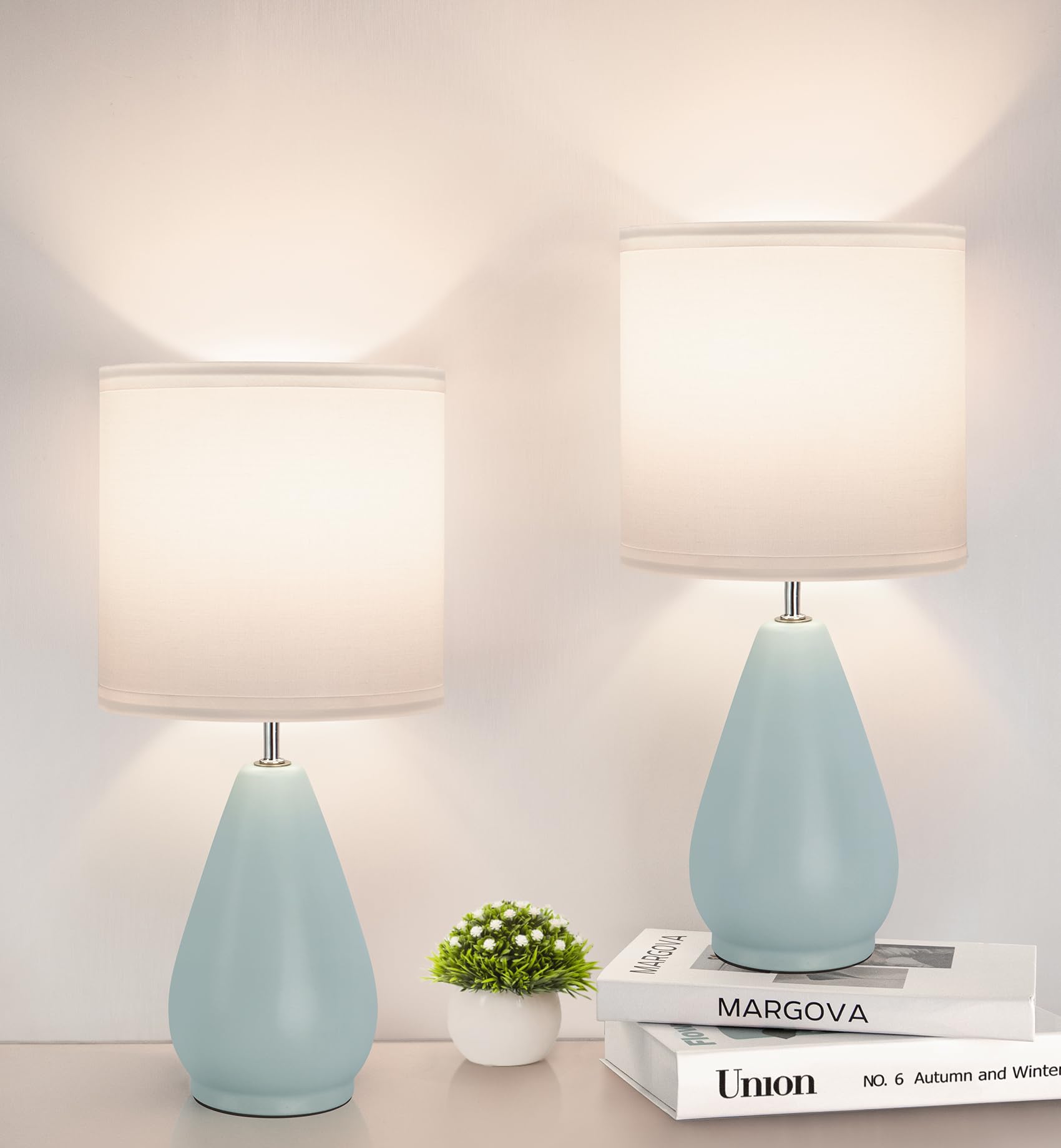 Yacoto Ceramic Table Lamps Set Of 2, Small Blue Bedside Lamps For Bedroom Modern Nightstand With 3 Color Temperatures For Living