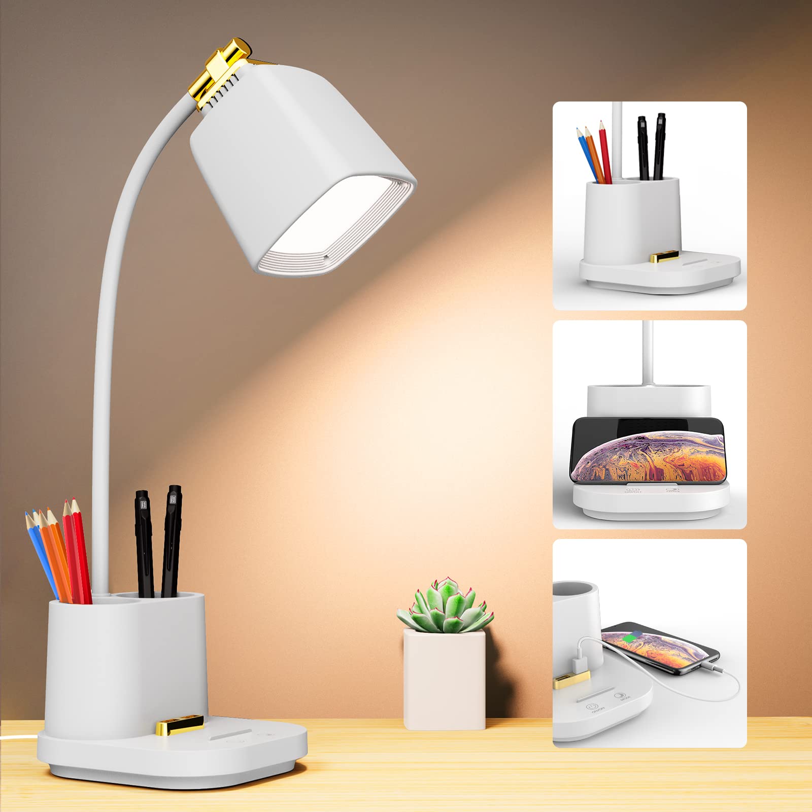 GONDSILY LED Desk Lamp with USB Charging Port Touch Control 3 Color Modes, Stepless Dimming,Eye-Caring LED Table Lamp for Home,O