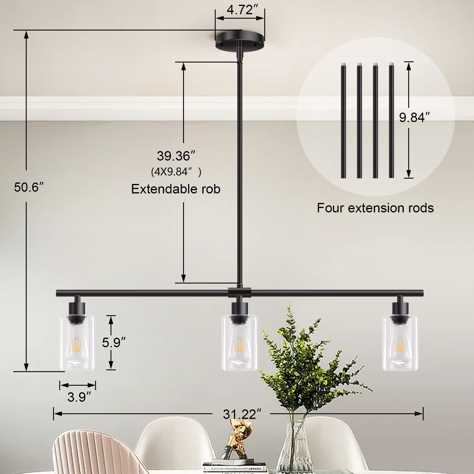 Yarlkav 3-Light Kitchen Island Lighting Black Linear Chandelier Pendant with Glass Shades, Model YR0683-BL