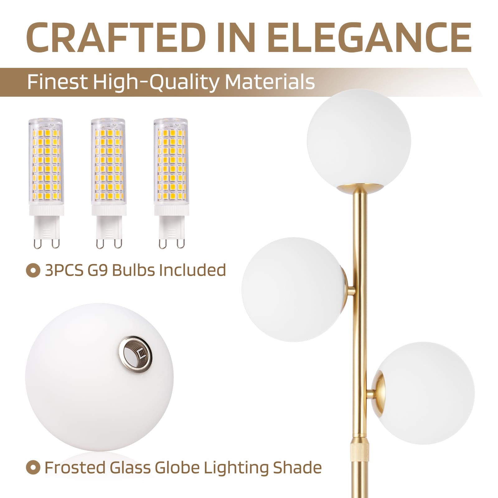 Vallerico 3-Globe Mid Century Modern Floor Lamps For Living Room, Adjustable Height Standing Lamp With Marble Base, Gold Tall La