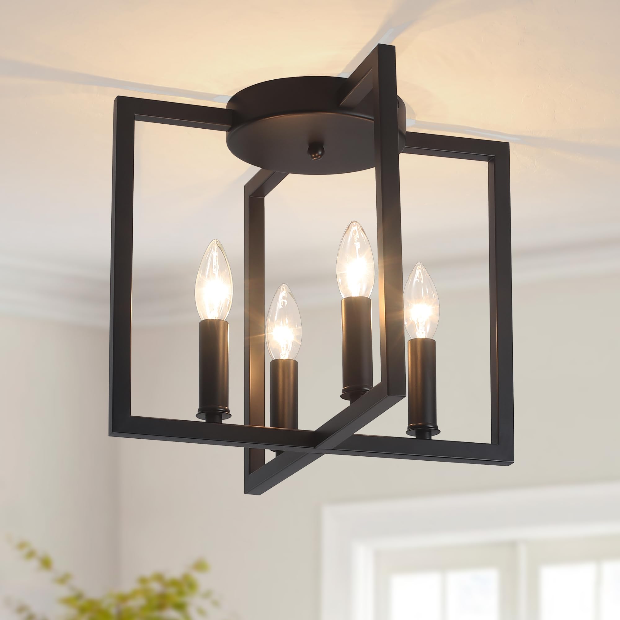 Bosomfr Semi Flush Mount 4-Light Black Ceiling Light, Modern Farmhouse Industrial Light With Geometric Metal Shade, Kitchen, Hal