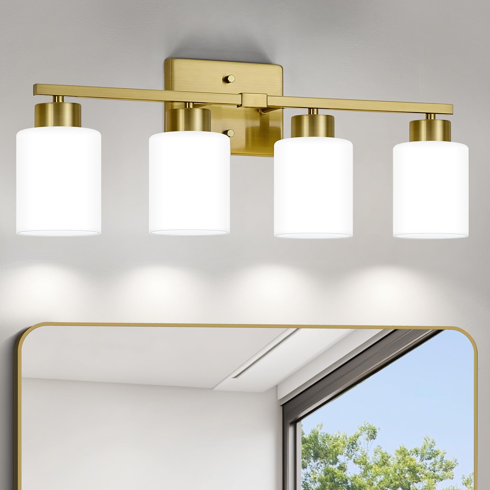FonmYim 4-Light Brushed Gold Bathroom Vanity Light Fixture, Metal with Frosted Glass Shades, Model FY-GB3105-RG4
