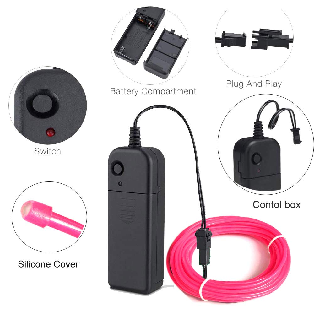 MaxLax EL Wire Neon Lights, 16.4ft Portable Battery Pack, Cuttable Rope Lights, Pink