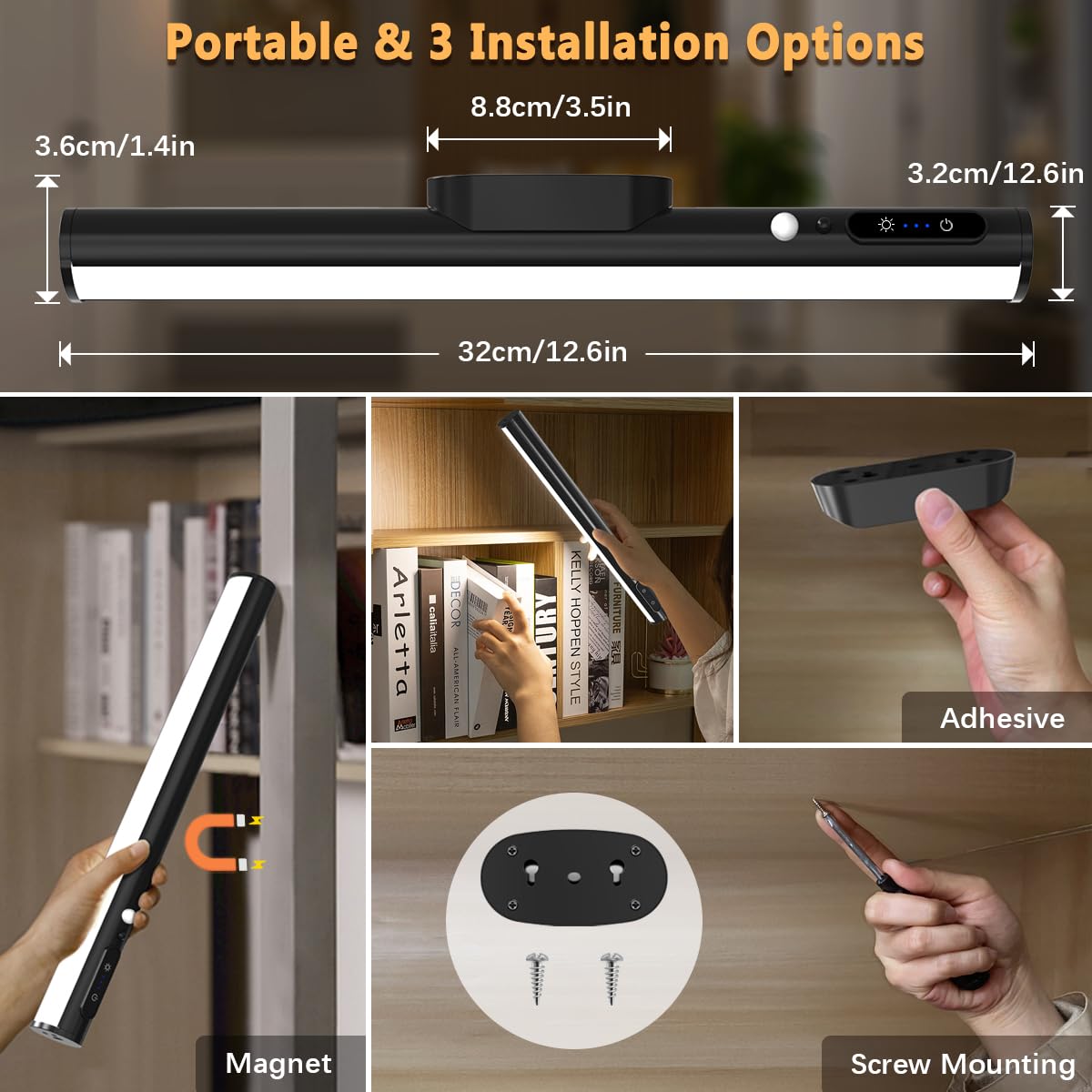 bravzurg Motion Sensor LED Wall Strip Light Bar - Rechargeable, Wireless, Remote Control, Aluminum, White, Model YZYP350-GY06