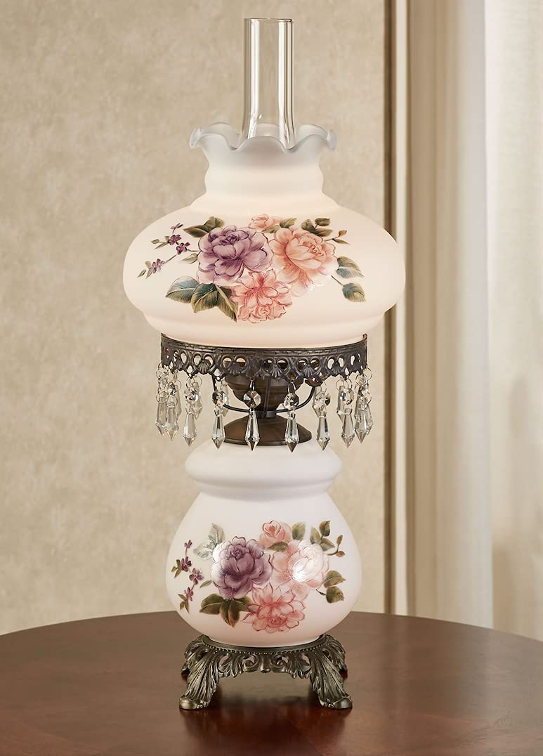 Touch Of Class Brook Floral Handpainted Hurricane Table Lamp White Floral Motifs - Metal Base, Glass Shade, Scalloped Edges - Vi