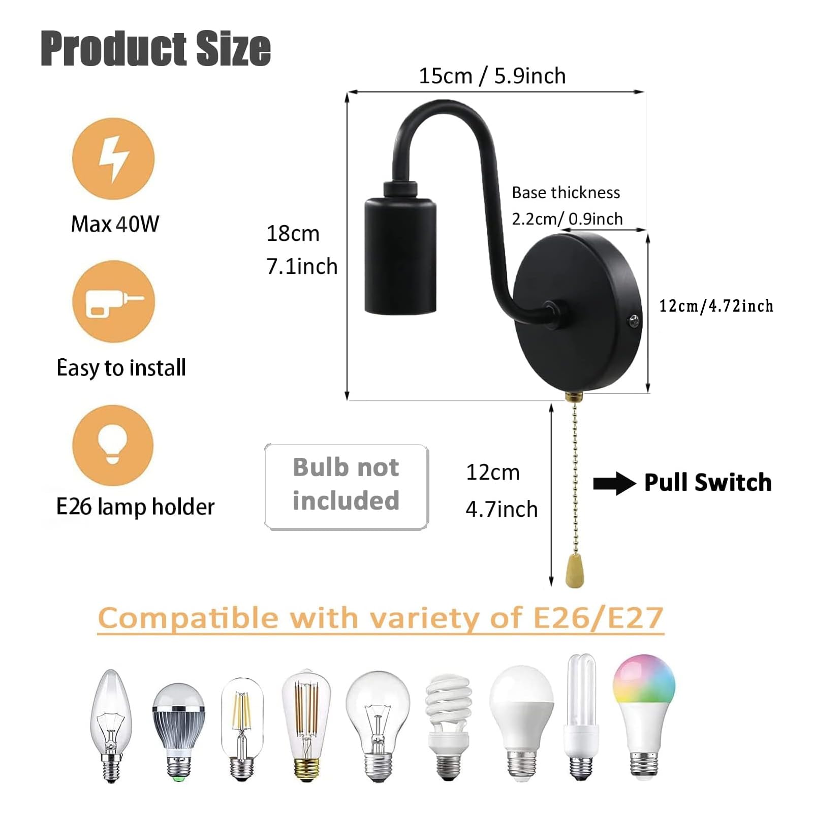 JZCDR Vintage Pull Chain Wall Sconce Light, Retro E26 Industrial Design, Hard Wired, Black, 1-Light, Model JZCDR-01