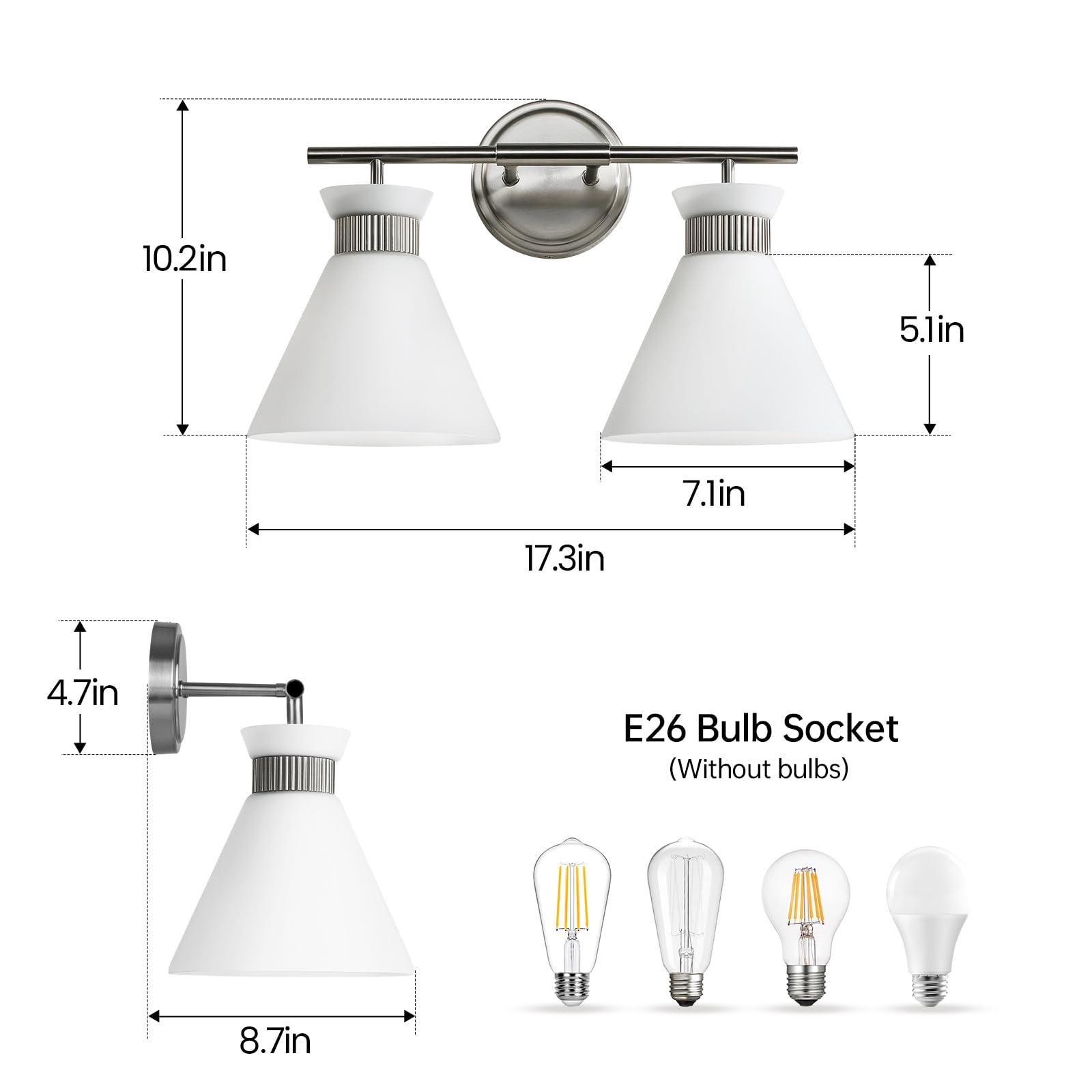 WOSHITU 2-Light Bathroom Vanity Light - Brushed Nickel with Milky White Glass Shade, Mid Century Style, Model 8090ML-02SN-US