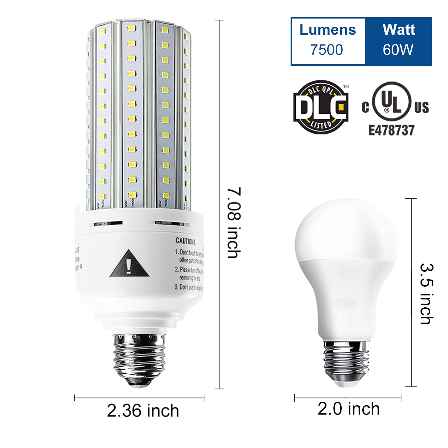 ZP Mafuken 500W Equivalent LED Corn Light Bulb, 7500 Lumen, 60W, 5000K Cool Daylight White, E26/E27, Aluminum,