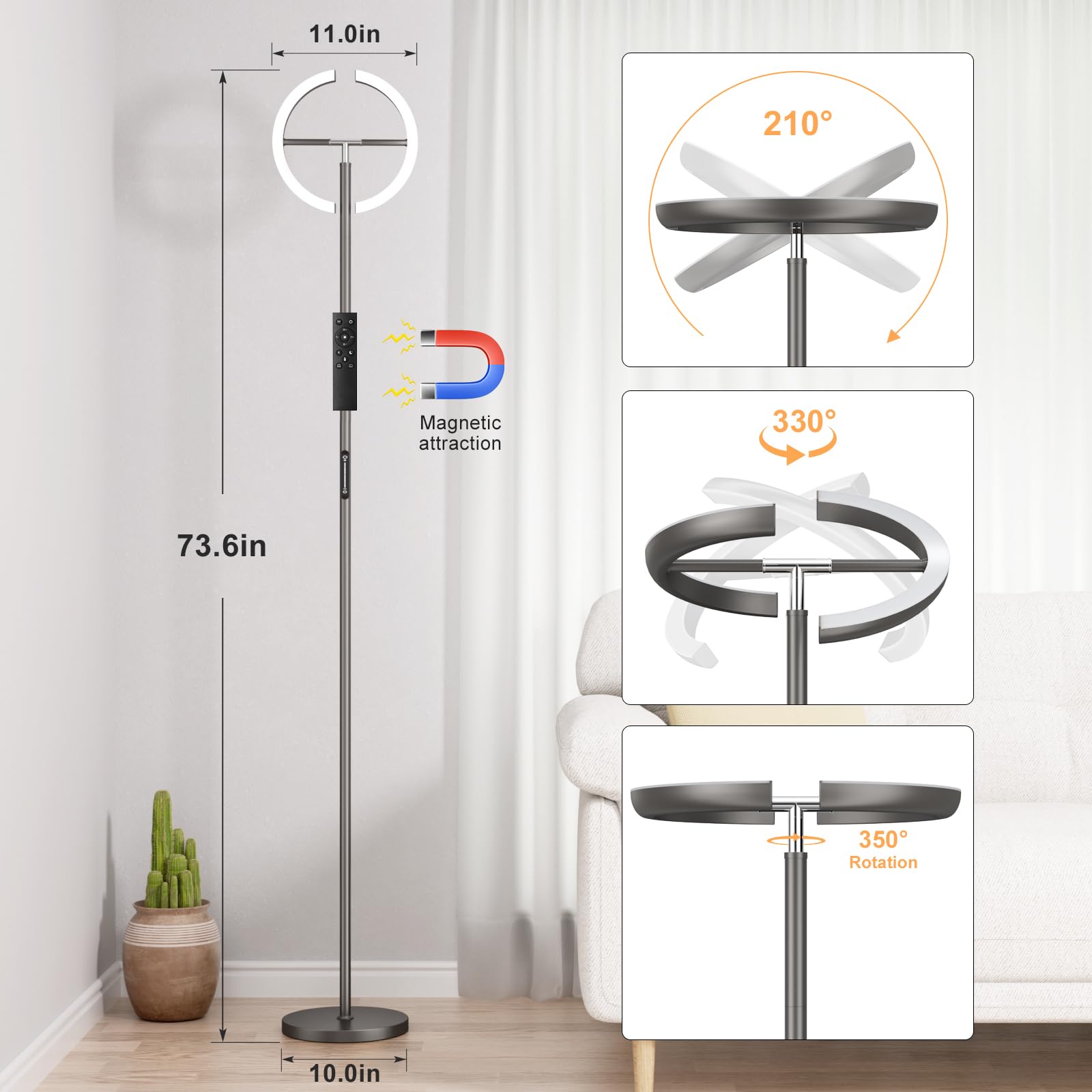 Preeotti Led Floor Lamp - 70'' Tall Modern Standing Lamp With 2 Rotatable Lights, Remote & Touch Control, 24W Bright Stepless Di