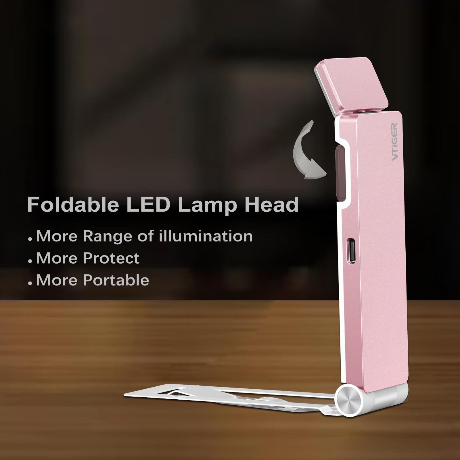 VTIGER USB Rechargeable Book Light, Foldable Clip-on LED, 3 Amber Colors, 4 Brightness Levels, Rose Gold, Model B1